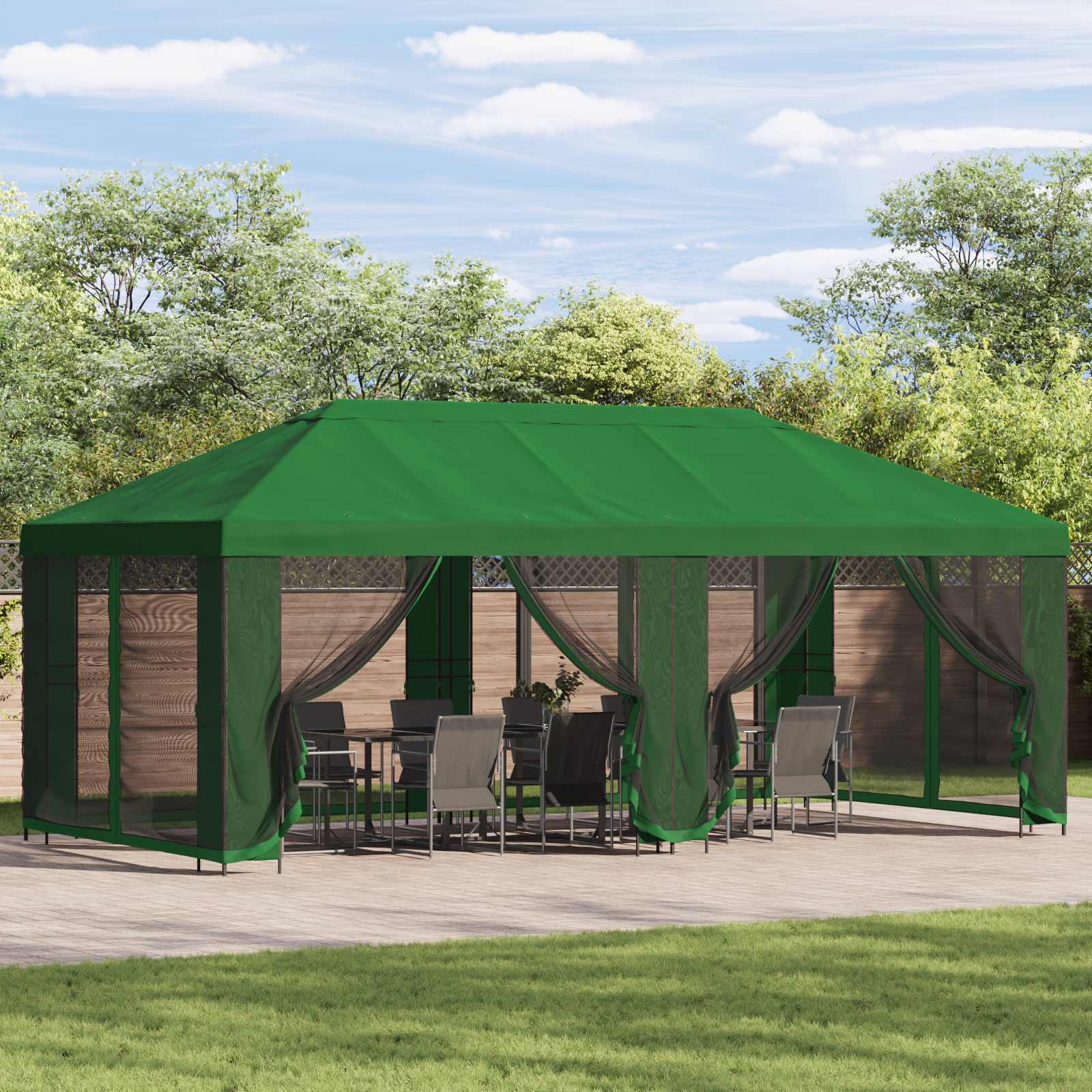 Paviljoen met zijwanden 6 x 3 m Groen Polyester en staal 190