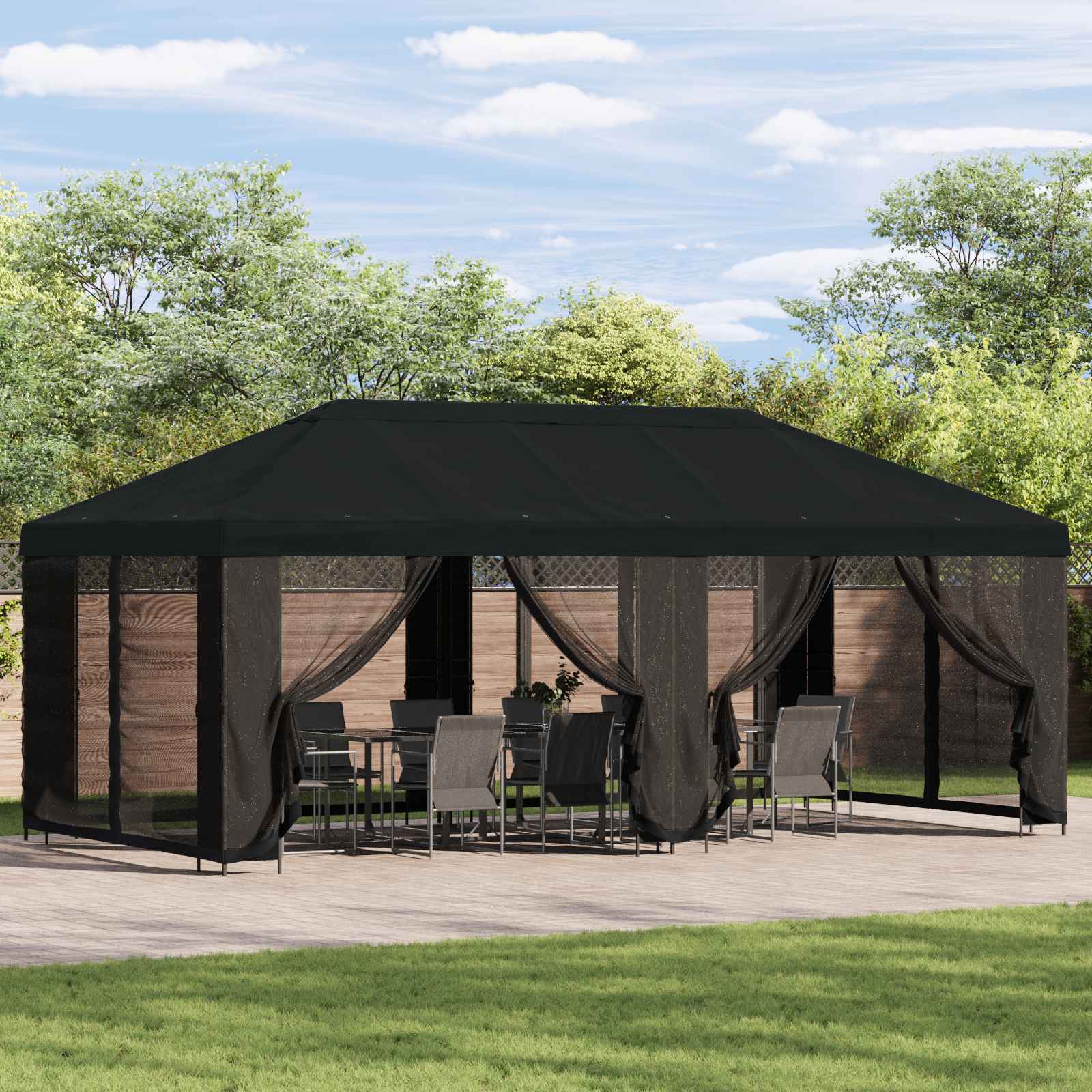 Paviljoen met zijwanden 6 x 3 m Zwart Polyester en staal 190