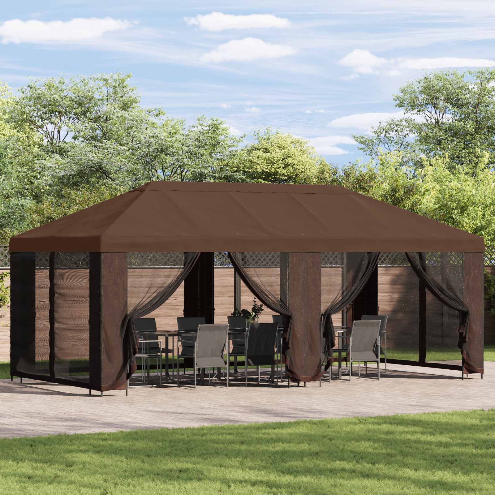 Paviljoen met zijwanden 6 x 3 m Bruin Polyester en staal 190