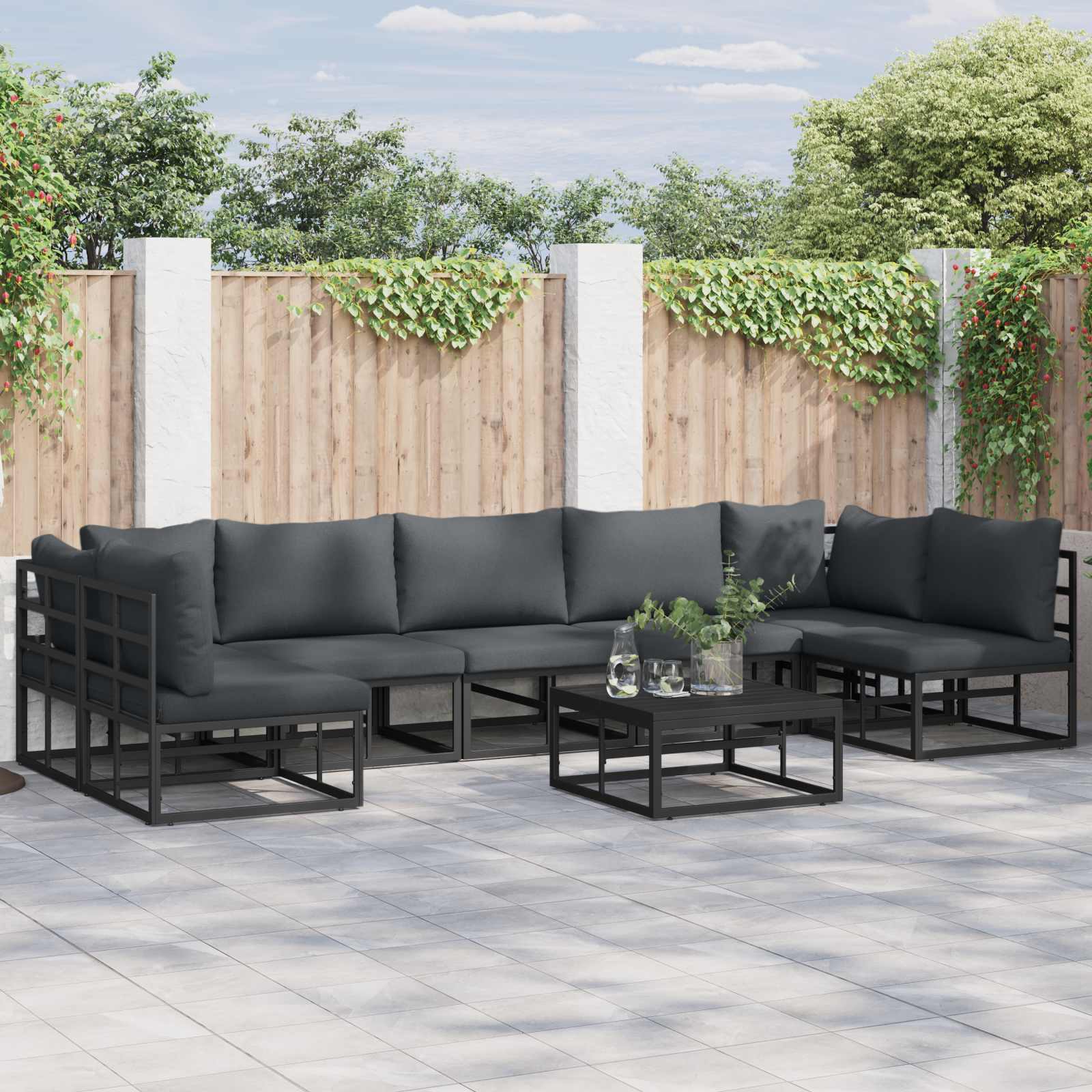 Tuinbankenset met kussen 7 pcs Zwart Aluminium – afbeelding 1