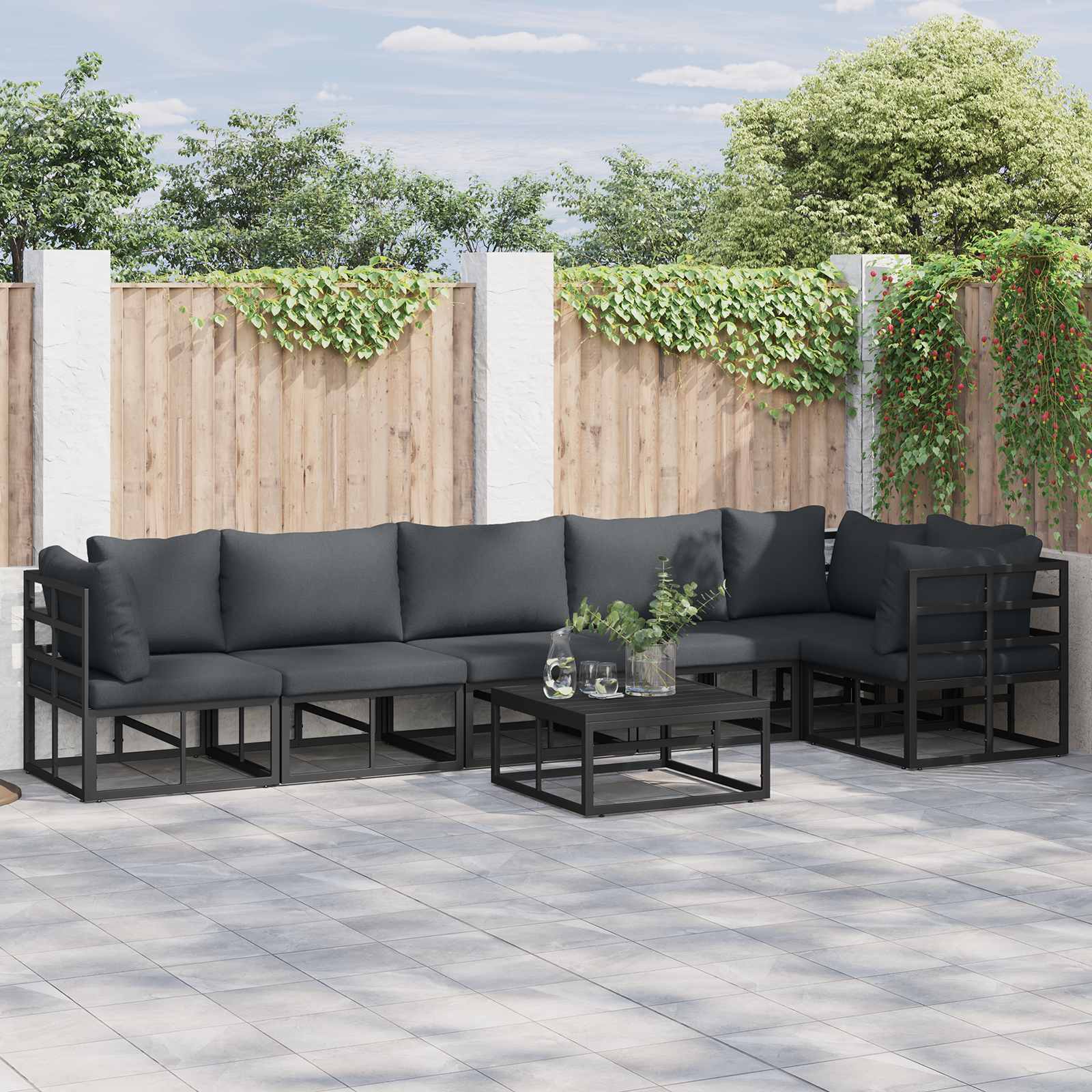 Tuinbankenset met kussen 6 pcs Zwart Aluminium