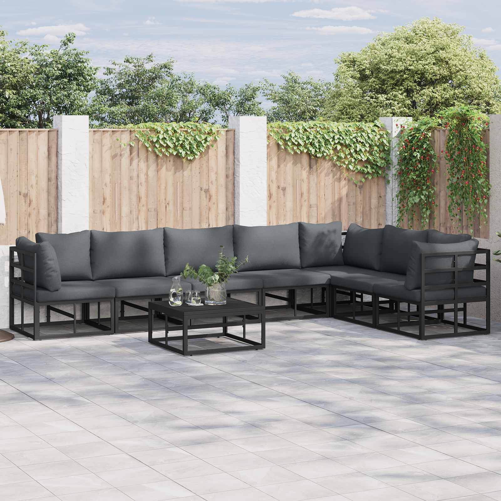 Tuinbankenset met kussen 8 pcs Zwart Aluminium – afbeelding 1