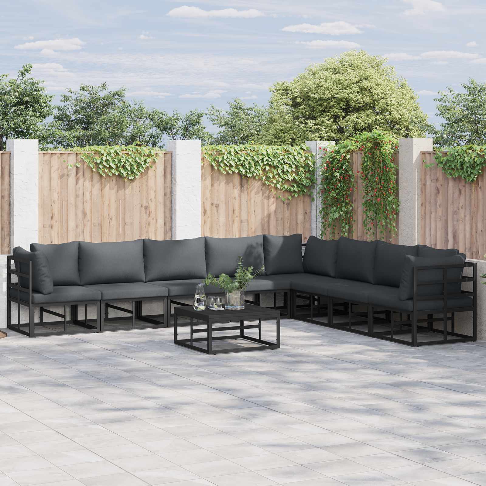 Tuinbankenset met kussen 9 pcs Zwart Aluminium – afbeelding 1