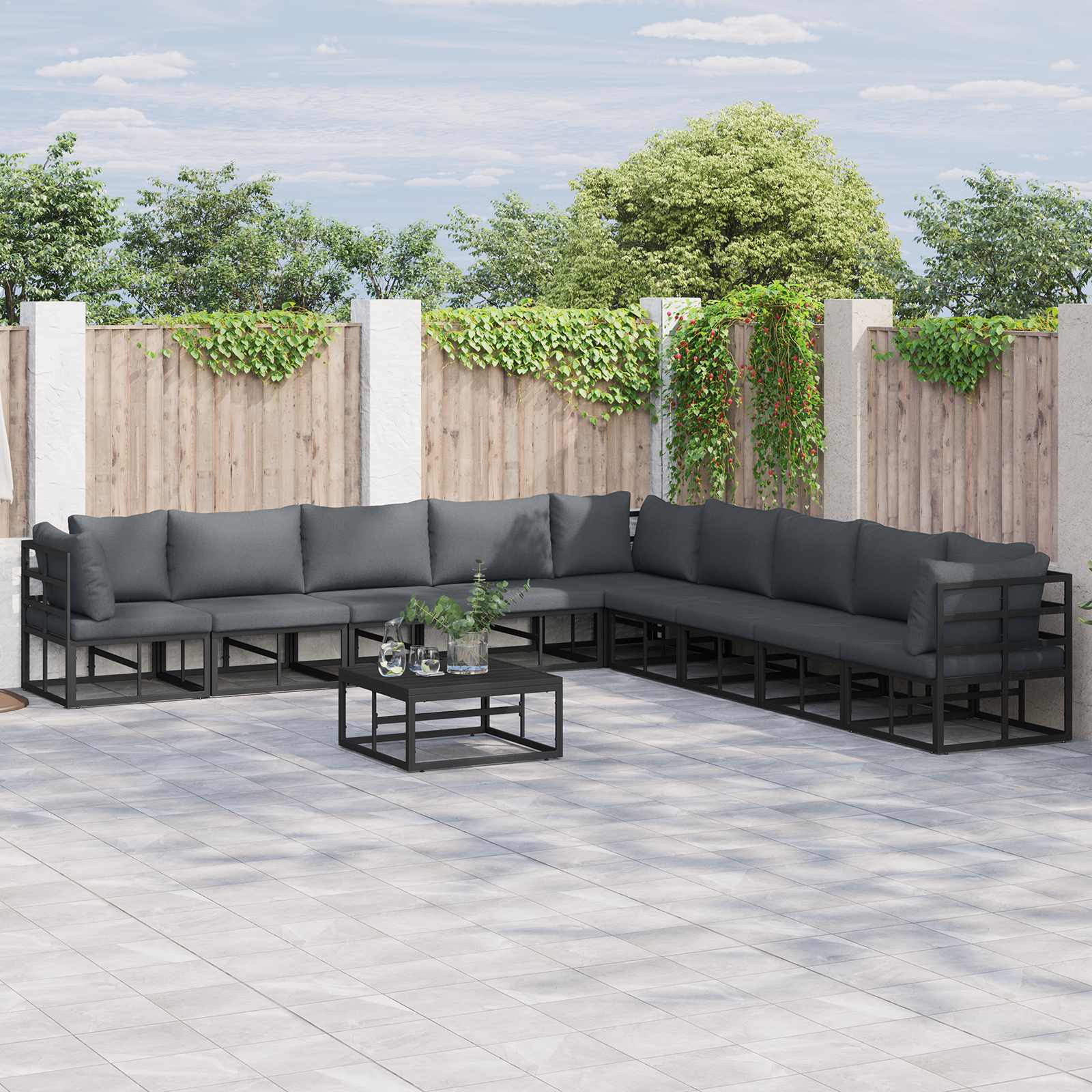 Tuinbankenset met kussen 10 pcs Zwart Aluminium – afbeelding 1