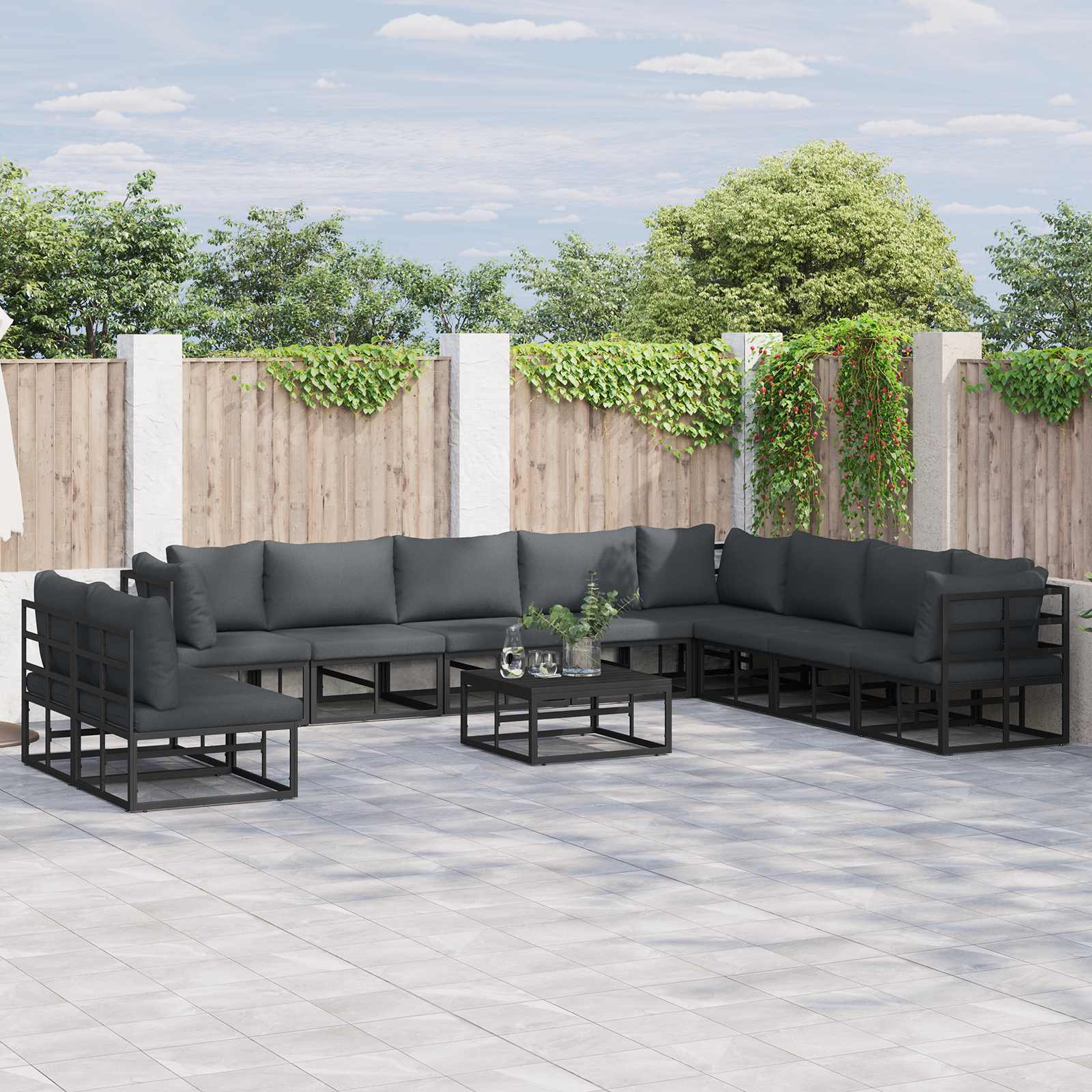 Tuinbankenset met kussen 10 pcs Zwart Aluminium