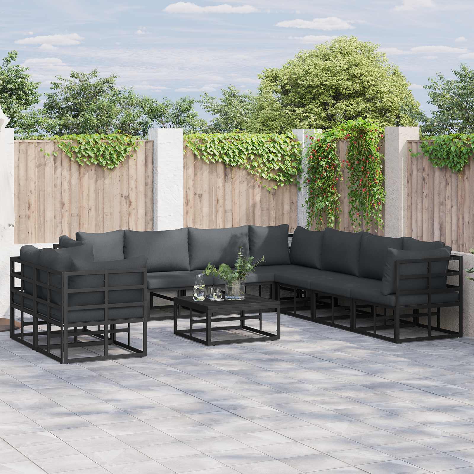Tuinbankenset met kussen 10 pcs Zwart Aluminium – afbeelding 1