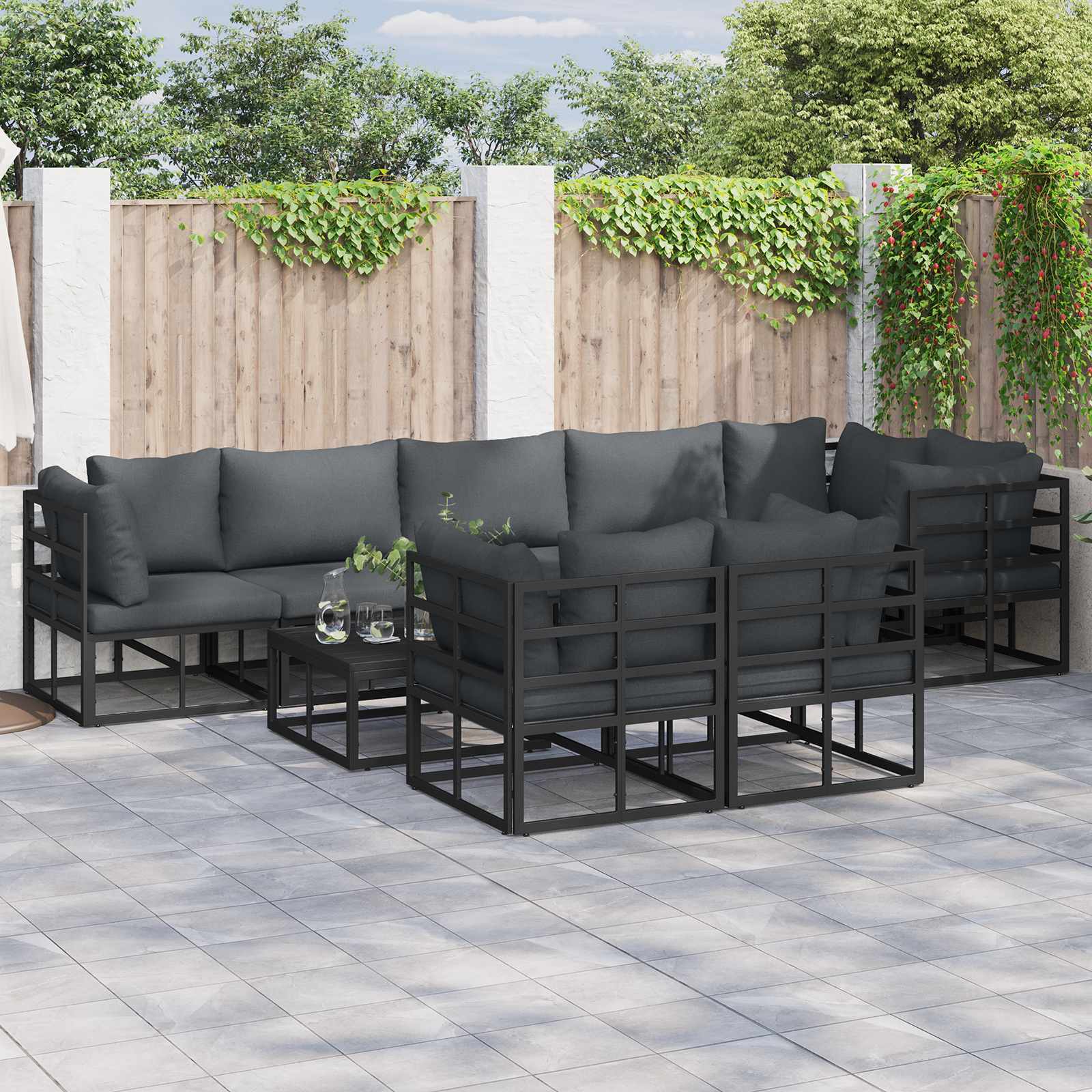 Tuinbankenset met kussen 8 pcs Zwart Aluminium – afbeelding 1