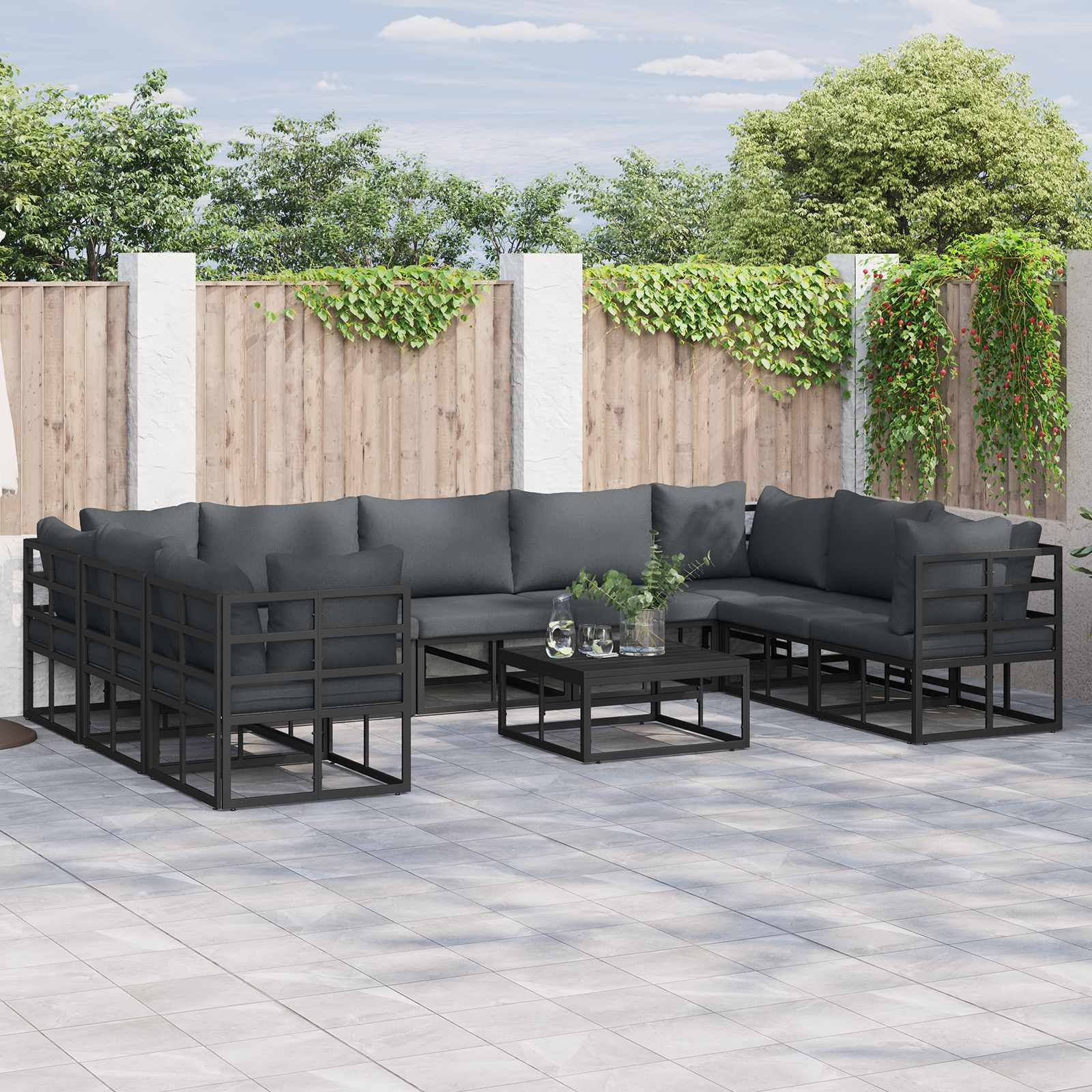 Tuinbankenset met kussen 9 pcs Zwart Aluminium – afbeelding 1