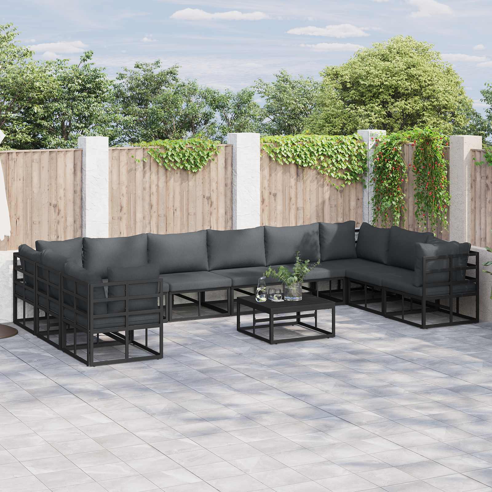 Tuinbankenset met kussen 10 pcs Zwart Aluminium – afbeelding 1