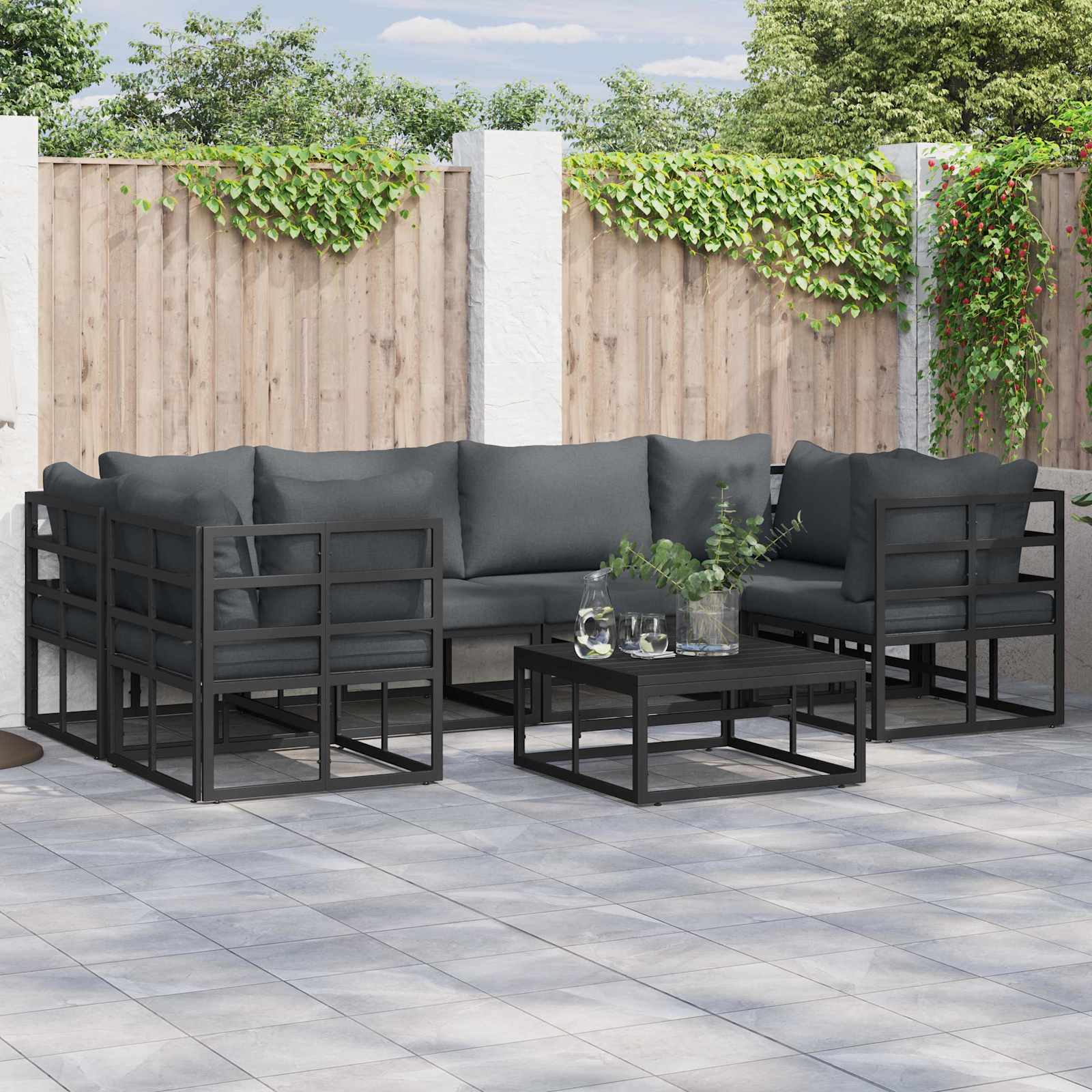 Tuinbankenset met kussen 7 pcs Zwart Aluminium – afbeelding 1