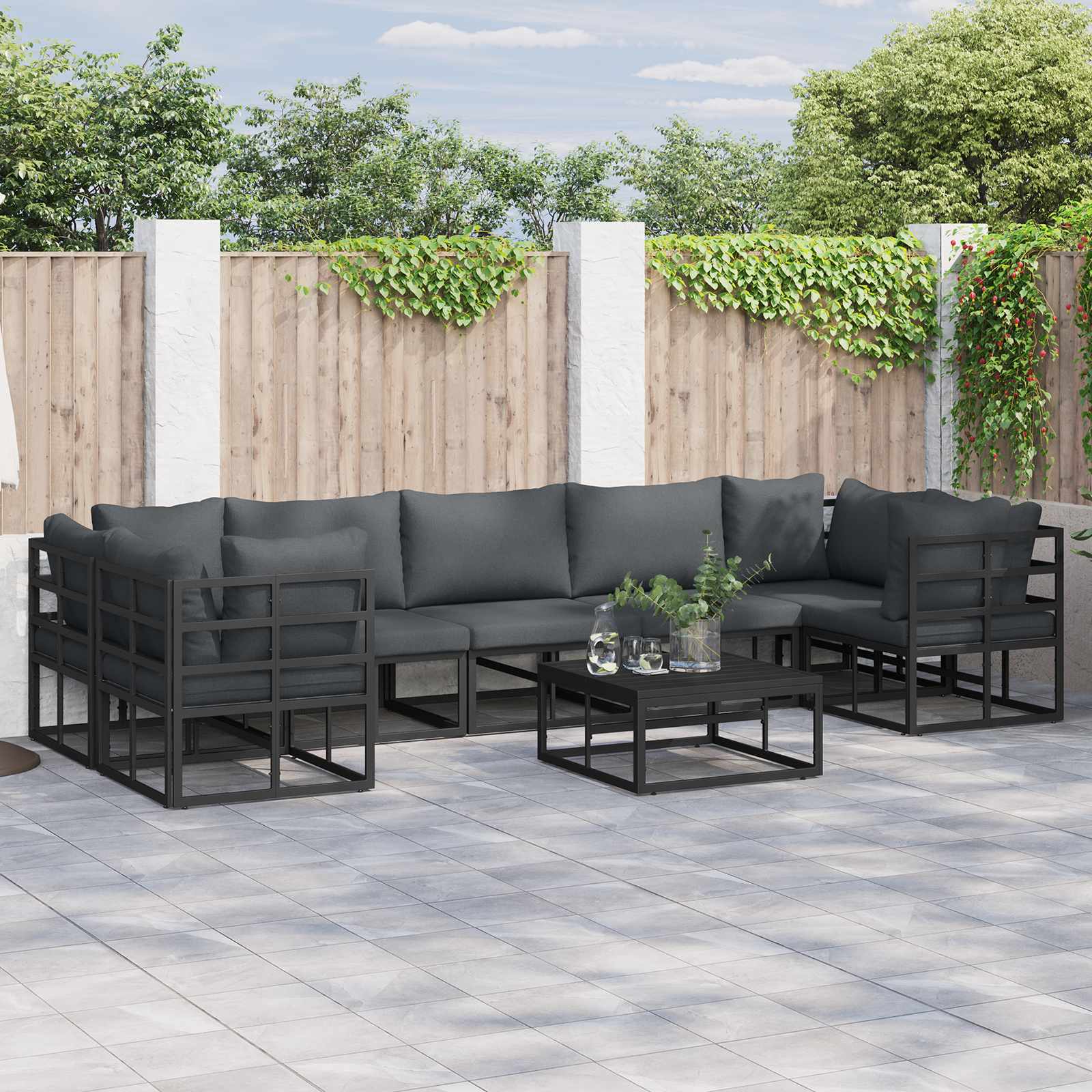 Tuinbankenset met kussen 8 pcs Zwart Aluminium – afbeelding 1