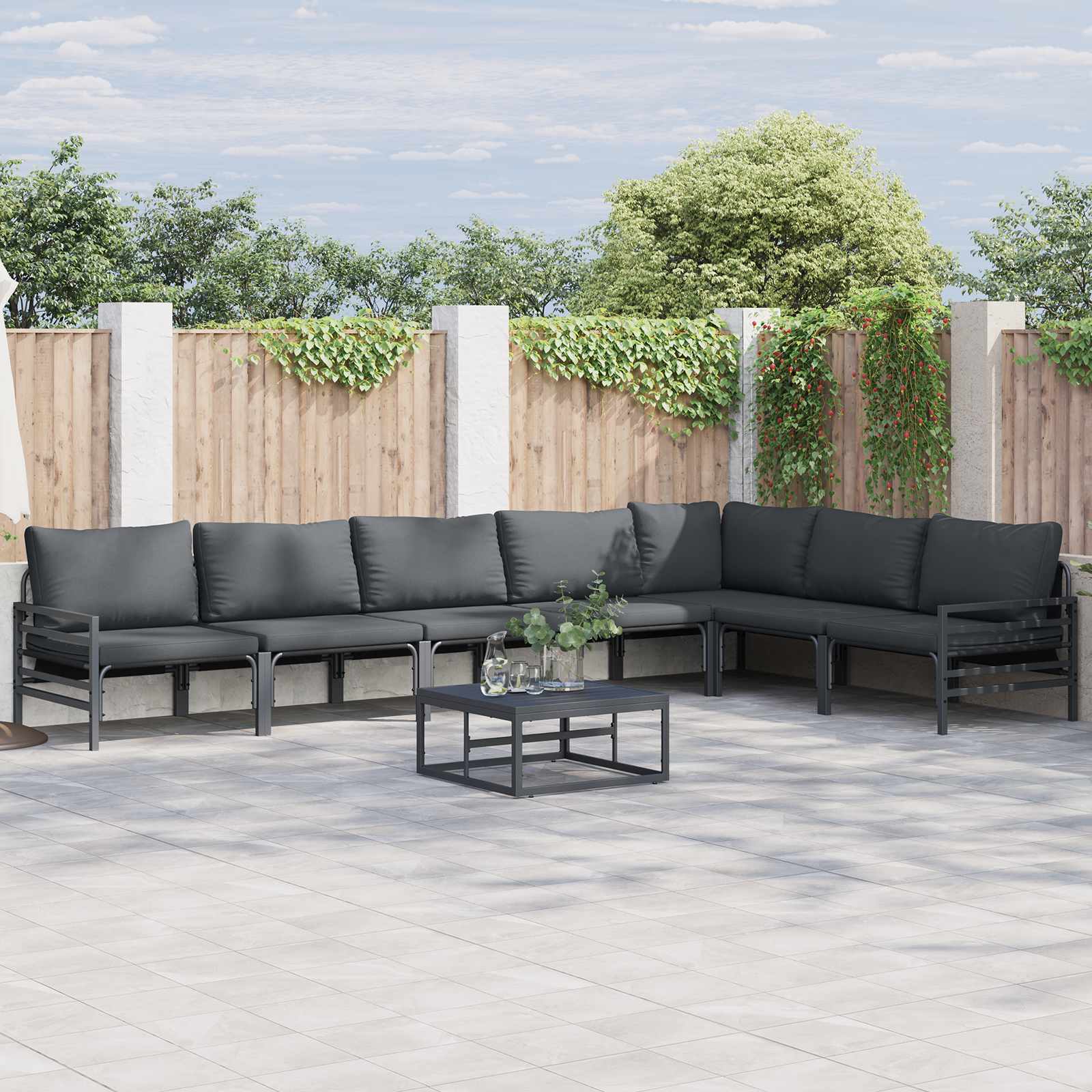 Tuinbankenset met kussen 8 pcs Zwart Staal – afbeelding 1