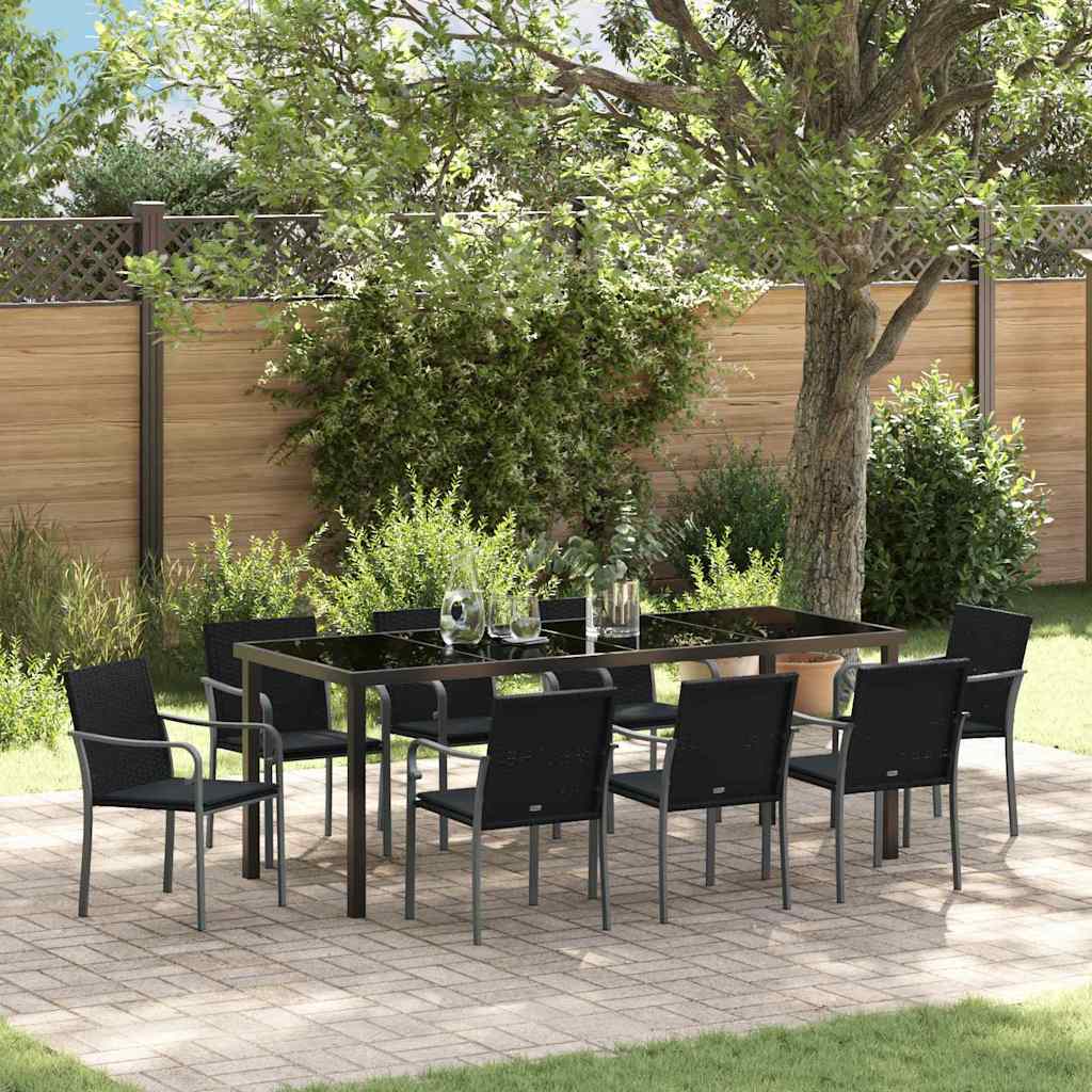 Tuin eettafelset 9 pcs Zwart en Grijs PE Rattan – afbeelding 1