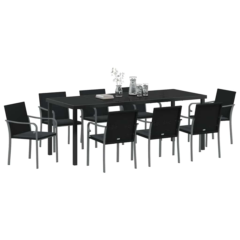 Tuin eettafelset 9 pcs Zwart en Grijs PE Rattan – afbeelding 3