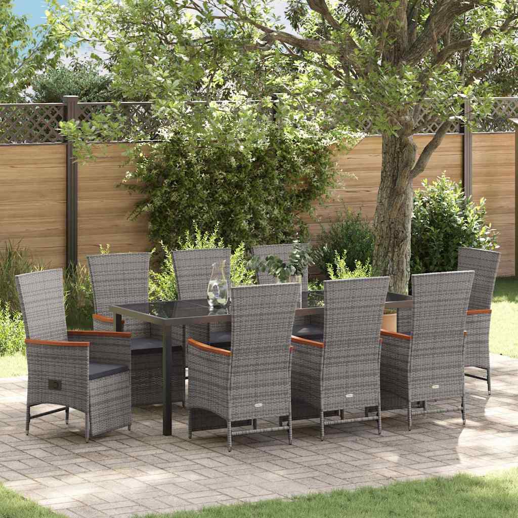 Tuin eettafelset met kussen 9 pcs Grijs poly rattan – afbeelding 1