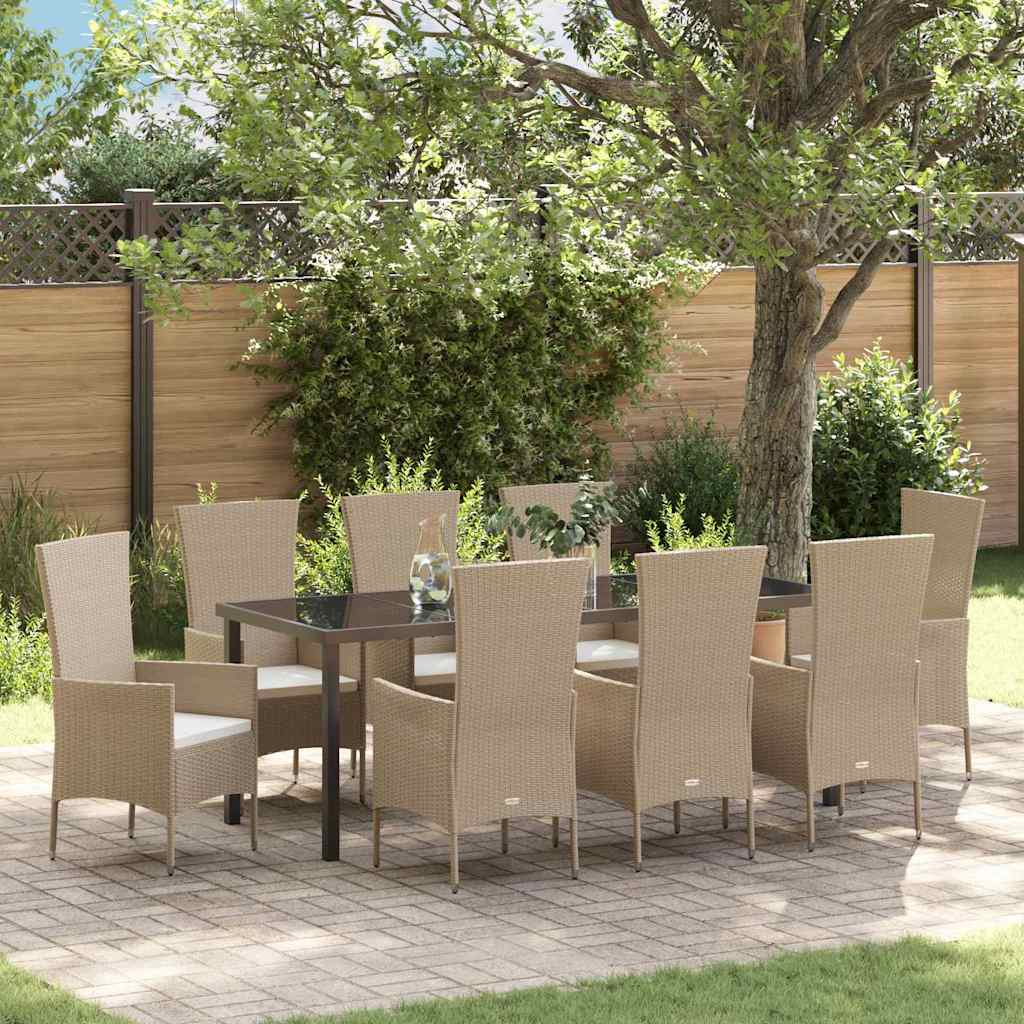 Tuin eettafelset met kussen 9 pcs Beige poly rattan – afbeelding 1