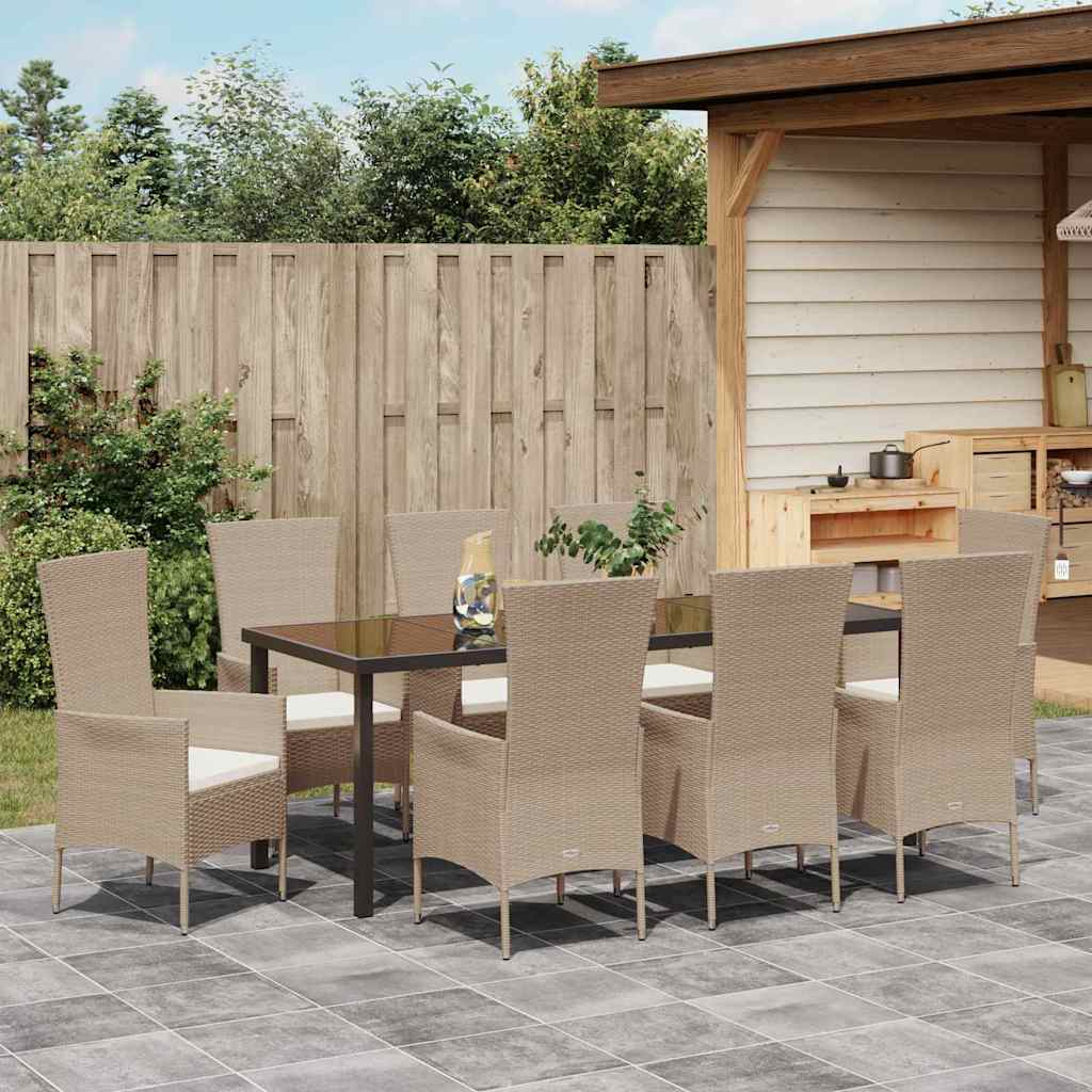 Tuin eettafelset met kussen 9 pcs Beige poly rattan – afbeelding 4