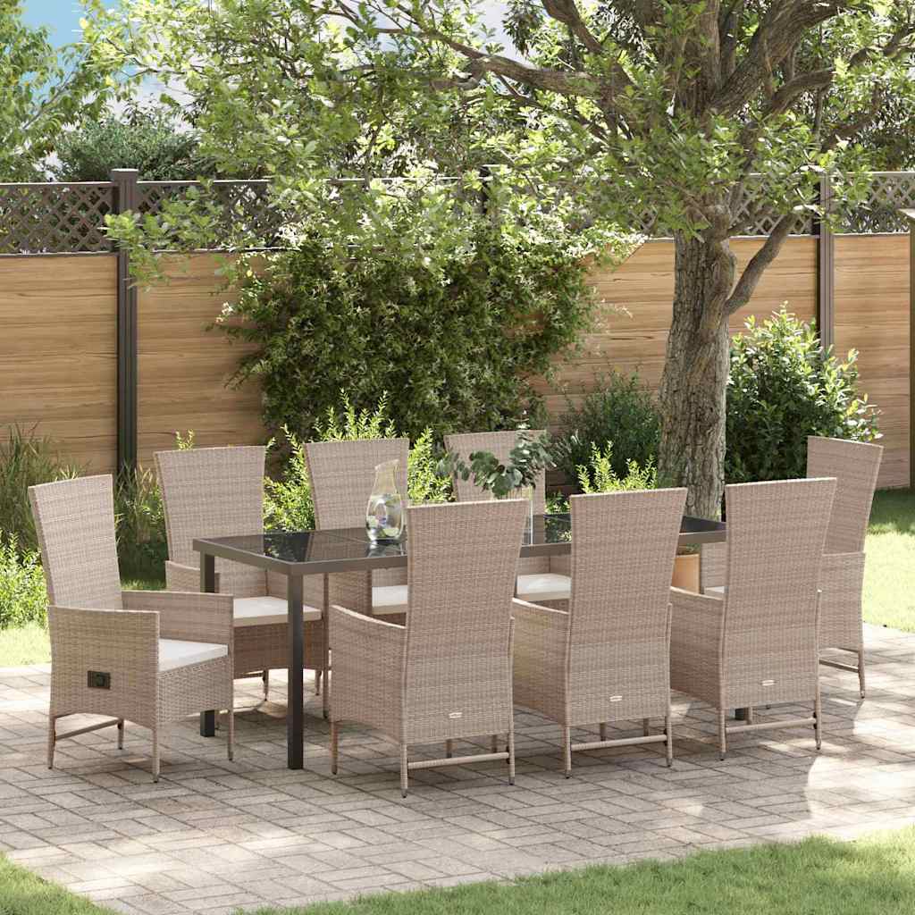Tuin eettafelset met kussen 9 pcs Beige poly rattan – afbeelding 1