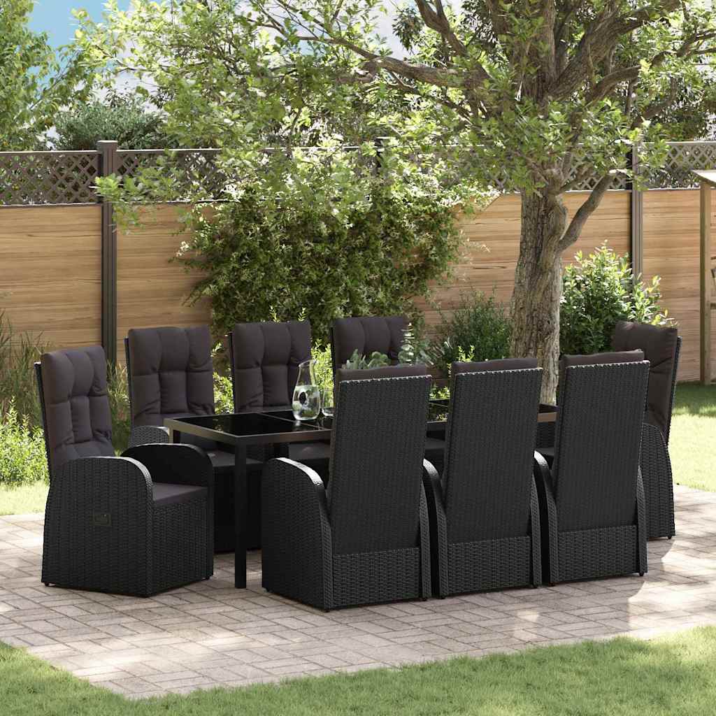 Tuin eettafelset met kussen 9 pcs Zwart poly rattan – afbeelding 1