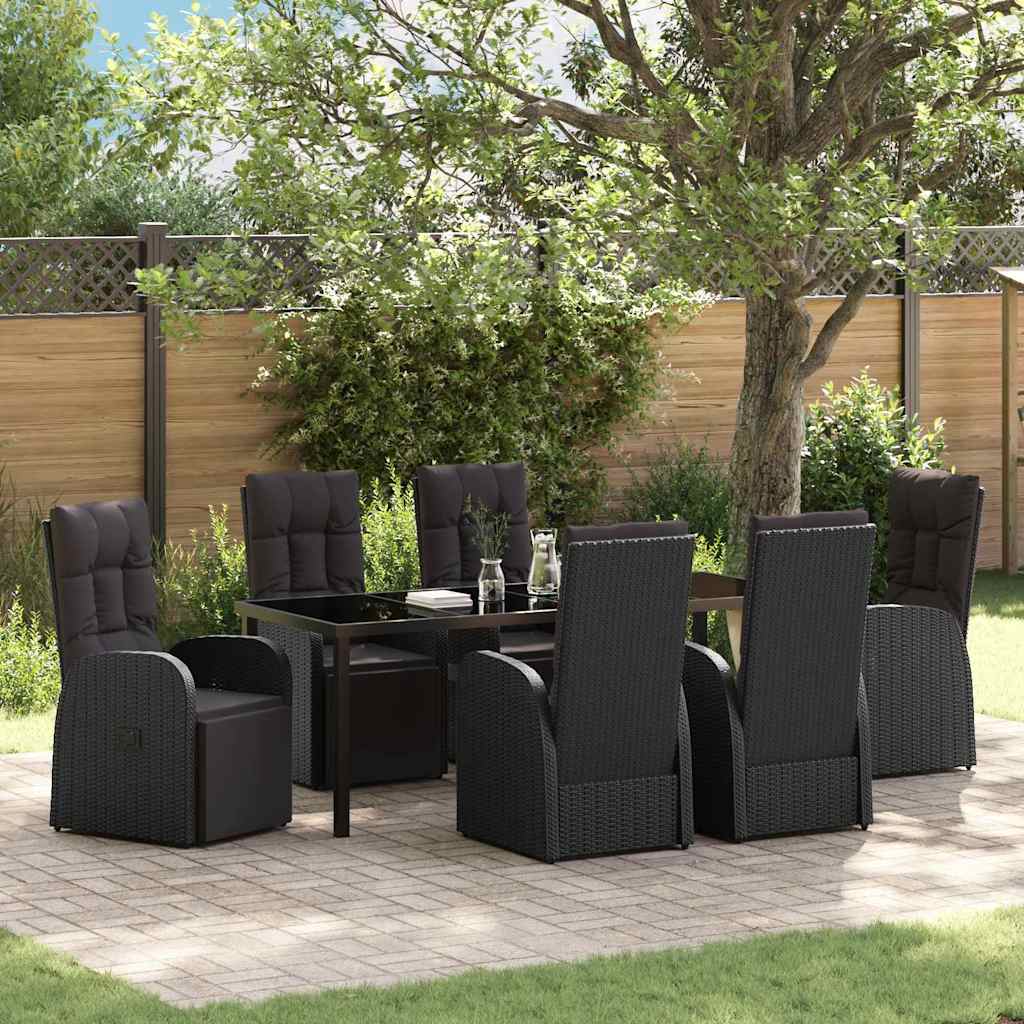 Tuin eettafelset met kussen 7 pcs Zwart poly rattan – afbeelding 1