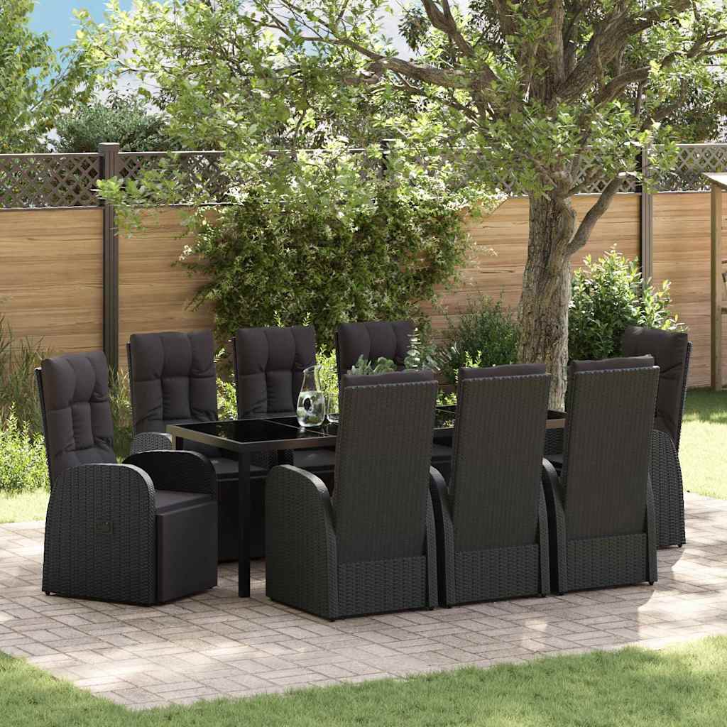 Tuin eettafelset met kussen 9 pcs Zwart poly rattan – afbeelding 1
