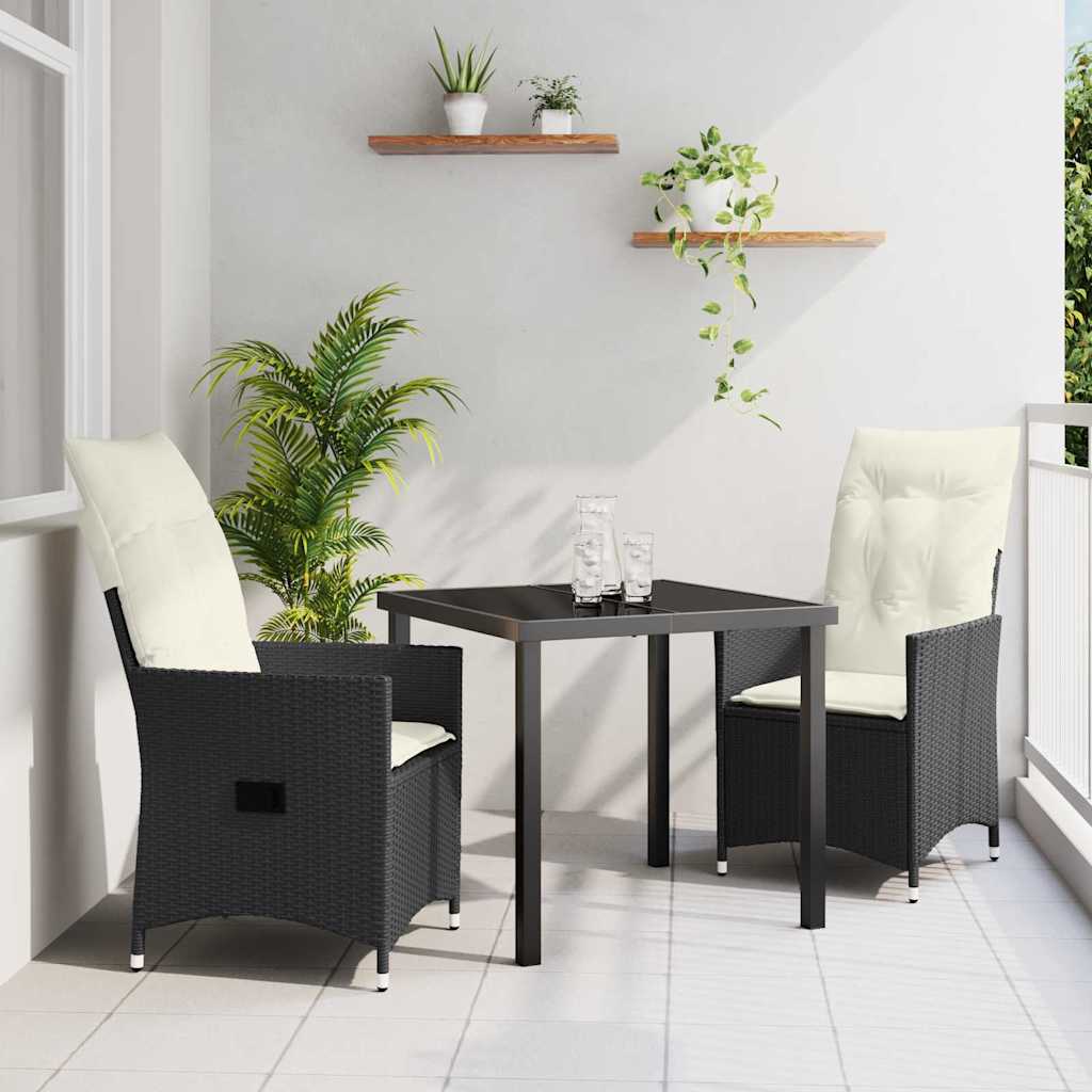 Tuin eettafelset met kussen 3 pcs Zwart poly rattan – afbeelding 1