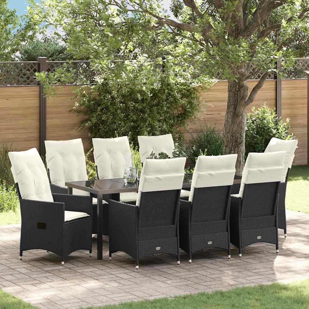 Tuin eettafelset met kussen 9 pcs Zwart poly rattan – afbeelding 1