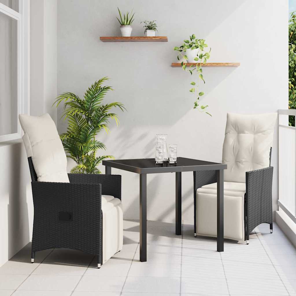 Tuin eettafelset met kussen 3 pcs Zwart poly rattan – afbeelding 1