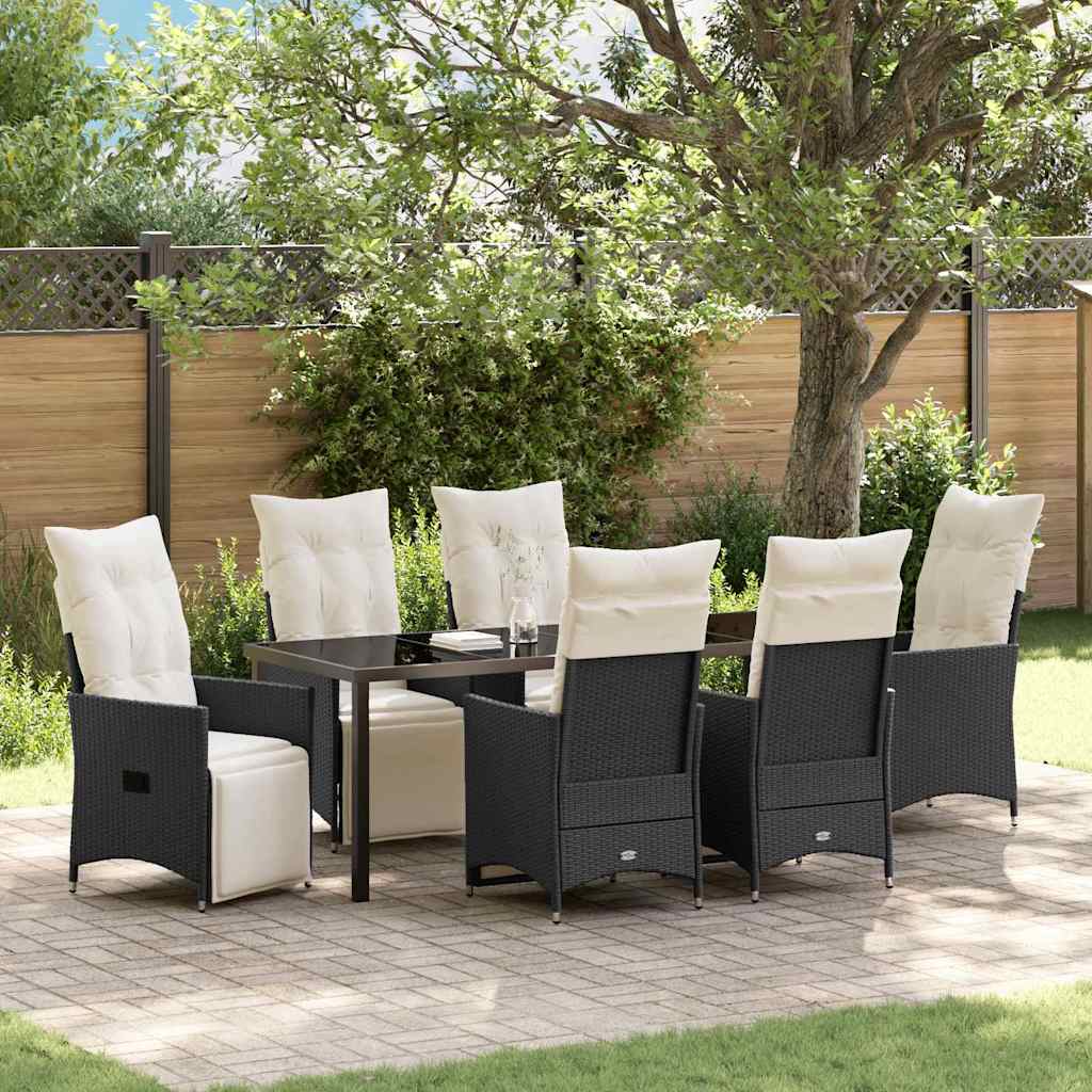 Tuin eettafelset met kussen 7 pcs Zwart poly rattan – afbeelding 1