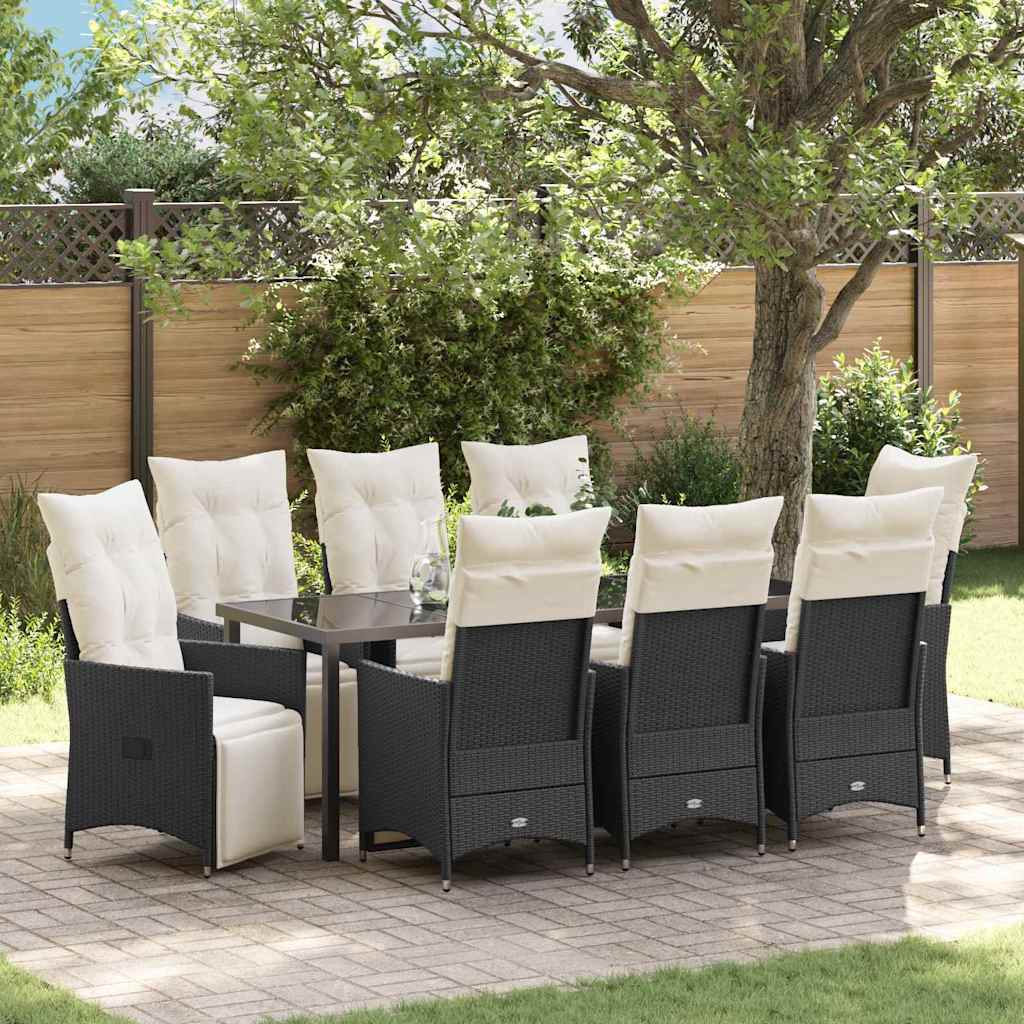 Tuin eettafelset met kussen 9 pcs Zwart poly rattan – afbeelding 1