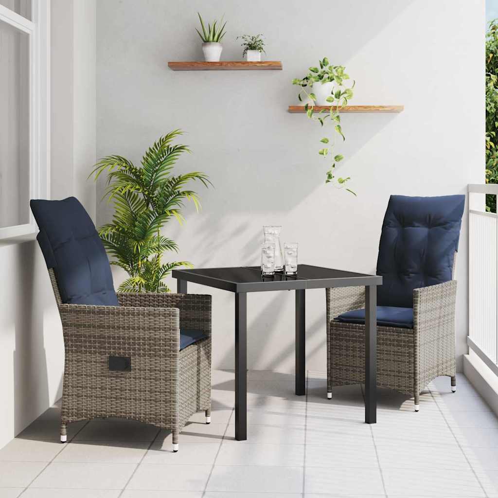 Tafel en stoelen set met kussen 3 pcs Grijs PE Rattan – afbeelding 1
