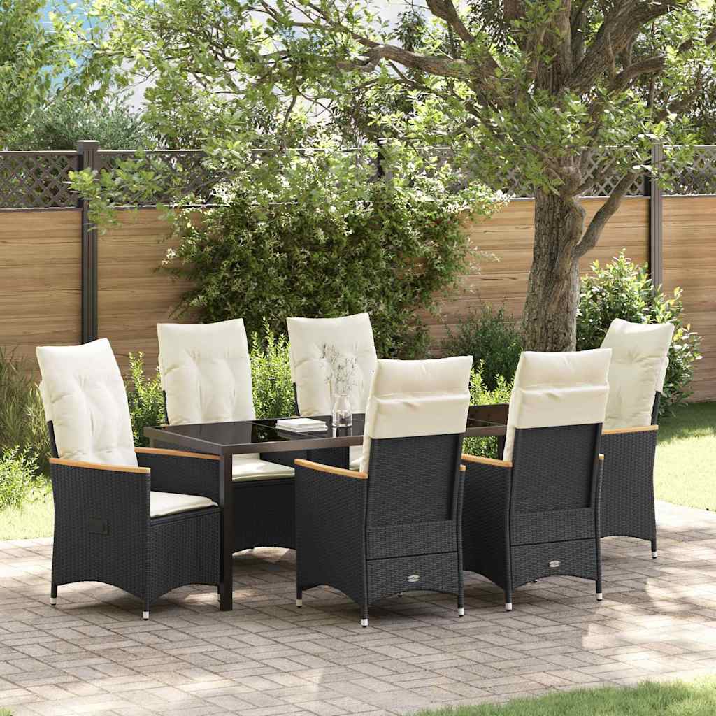 Tuin eettafelset met kussen 7 pcs Zwart poly rattan – afbeelding 1
