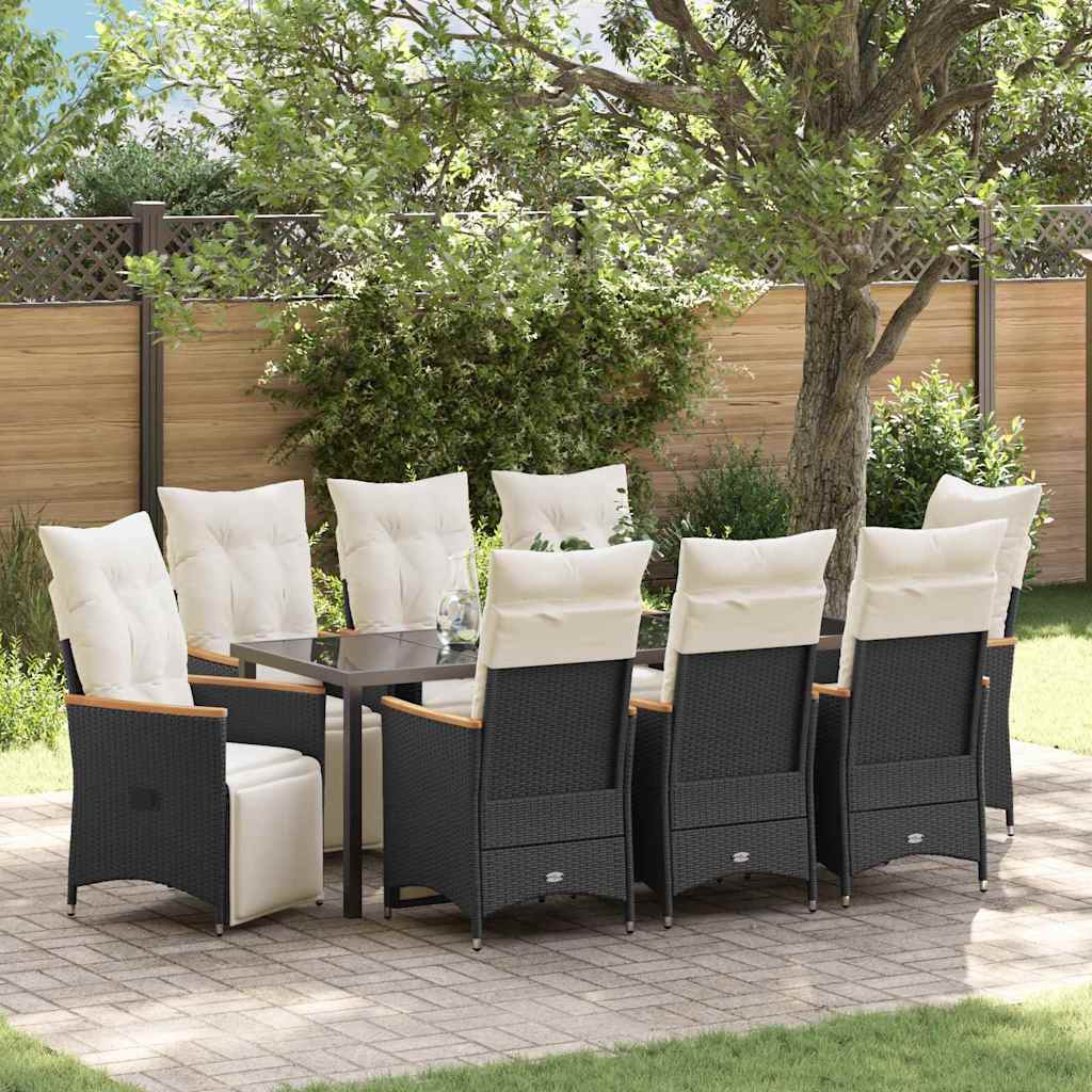 Tuin eettafelset met kussen 9 pcs Zwart poly rattan – afbeelding 1