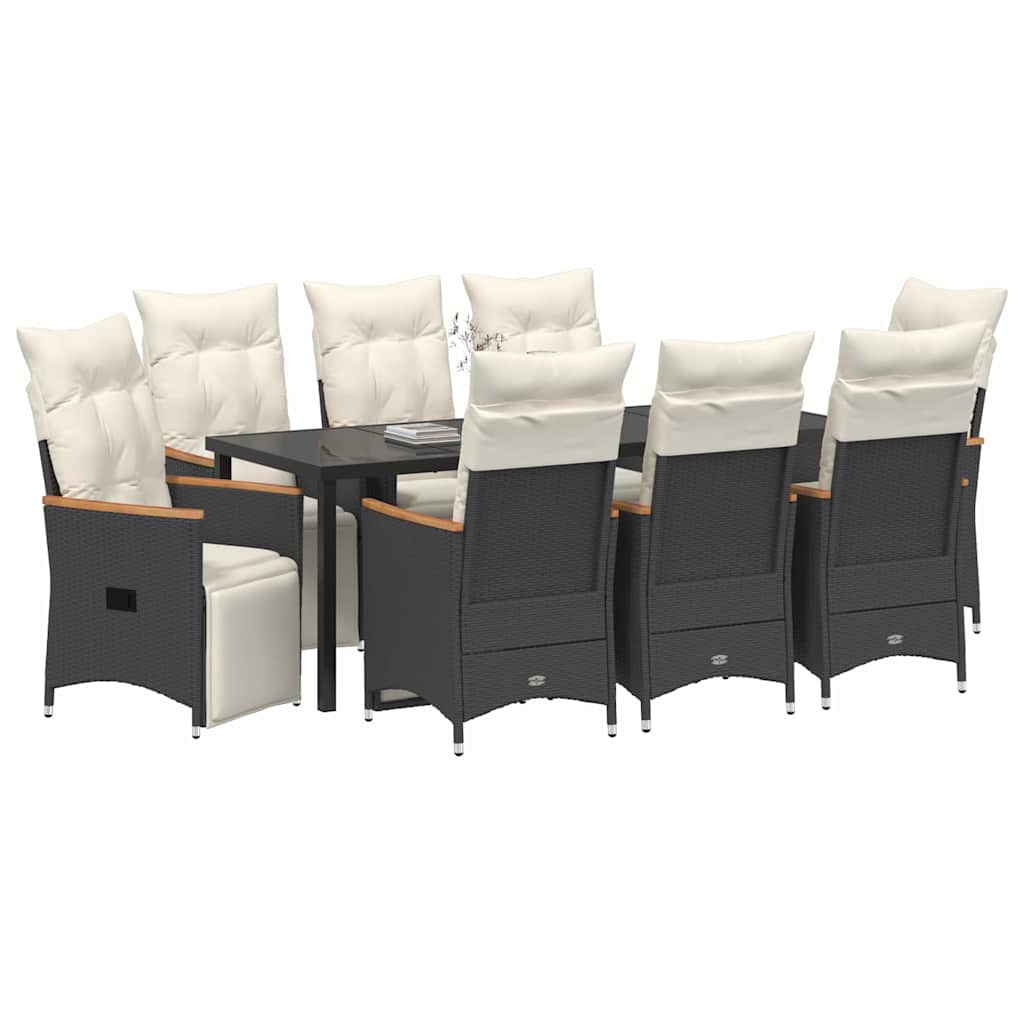 Tuin eettafelset met kussen 9 pcs Zwart poly rattan – afbeelding 3