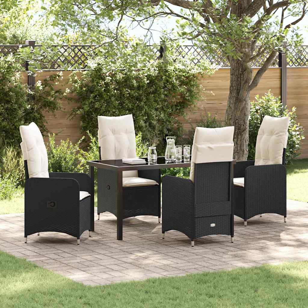 Tuin eettafelset met kussen 5 pcs Zwart poly rattan