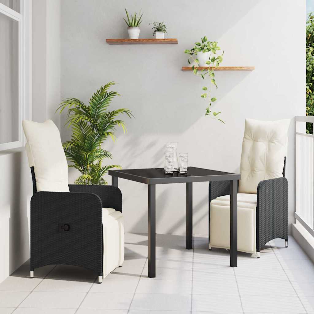 Tuin eettafelset met kussen 3 pcs Zwart poly rattan – afbeelding 1