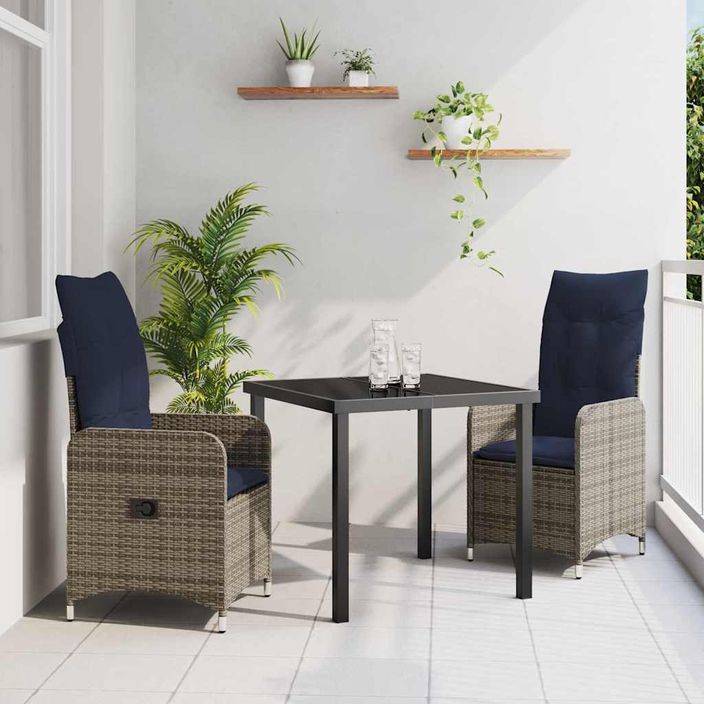 Tafel en stoelen set met kussen 3 pcs Grijs PE Rattan – afbeelding 1