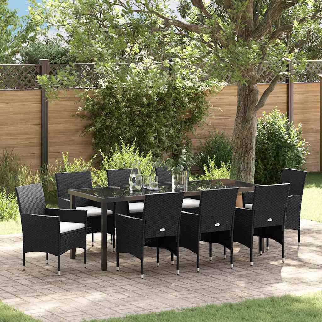 Tuin eettafelset met kussen 9 pcs Zwart poly rattan – afbeelding 1