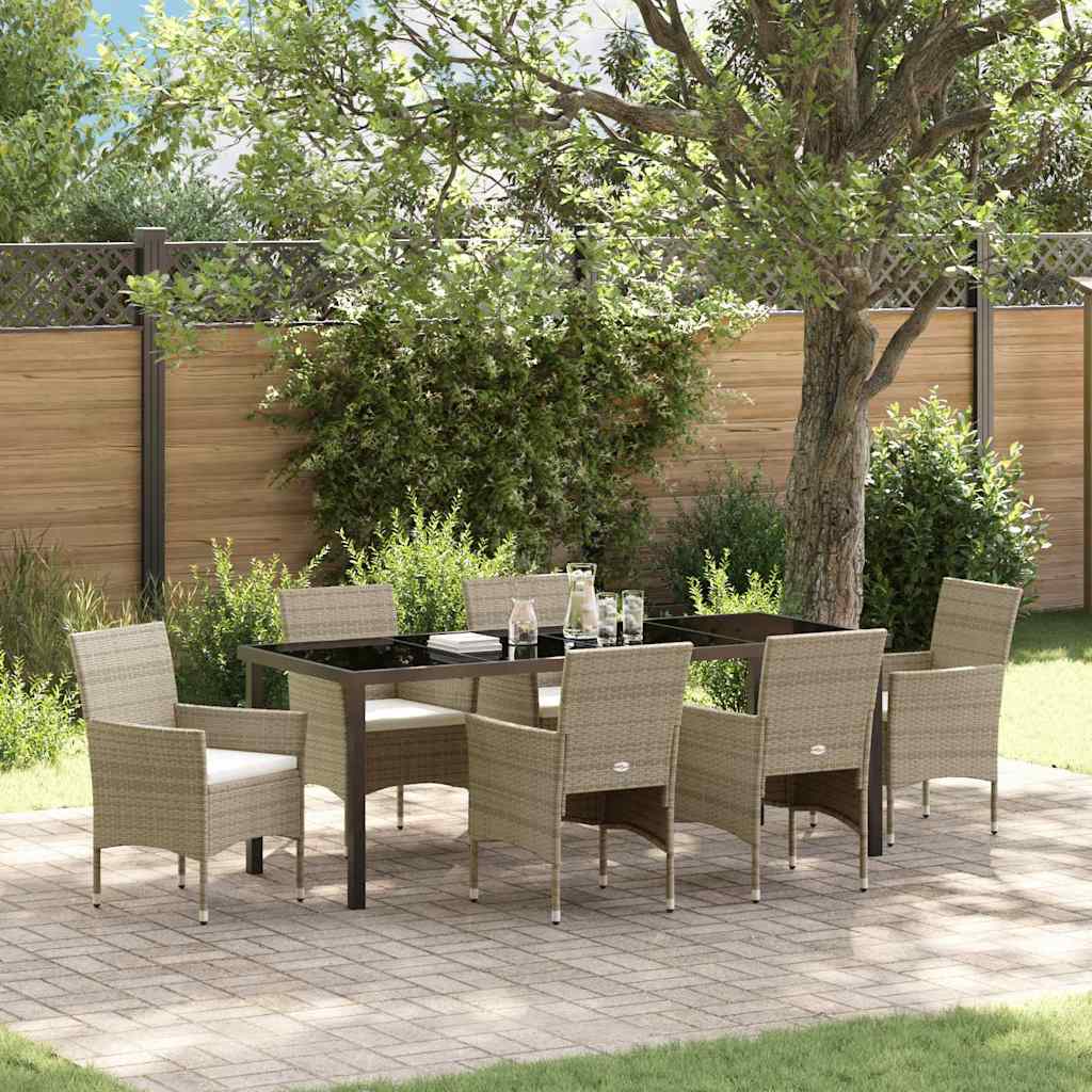 Tuin eettafelset met kussen 7 pcs Beige poly rattan