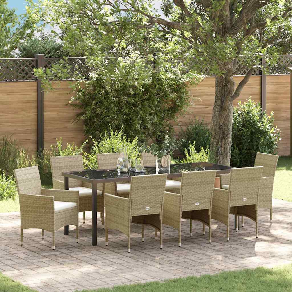 Tuin eettafelset met kussen 9 pcs Beige poly rattan