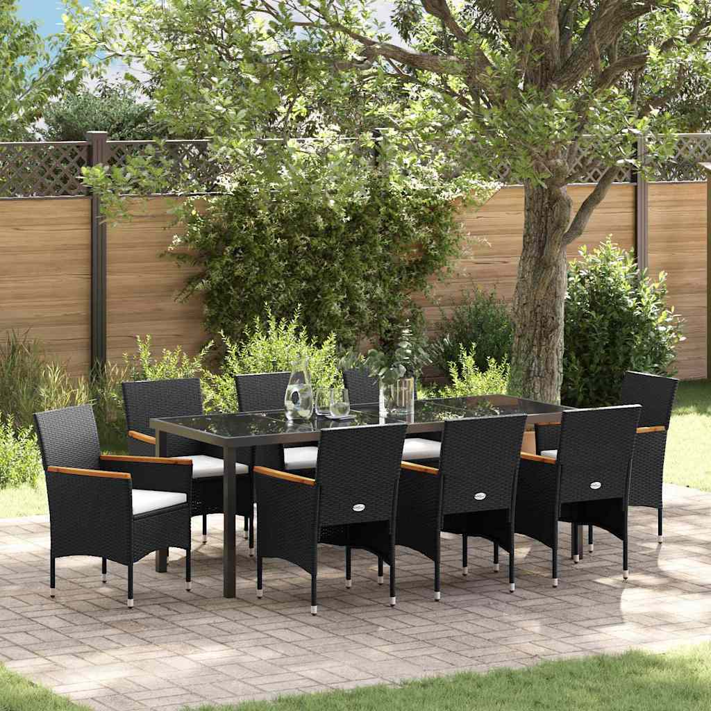Tuin eettafelset met kussen 9 pcs Zwart poly rattan – afbeelding 1