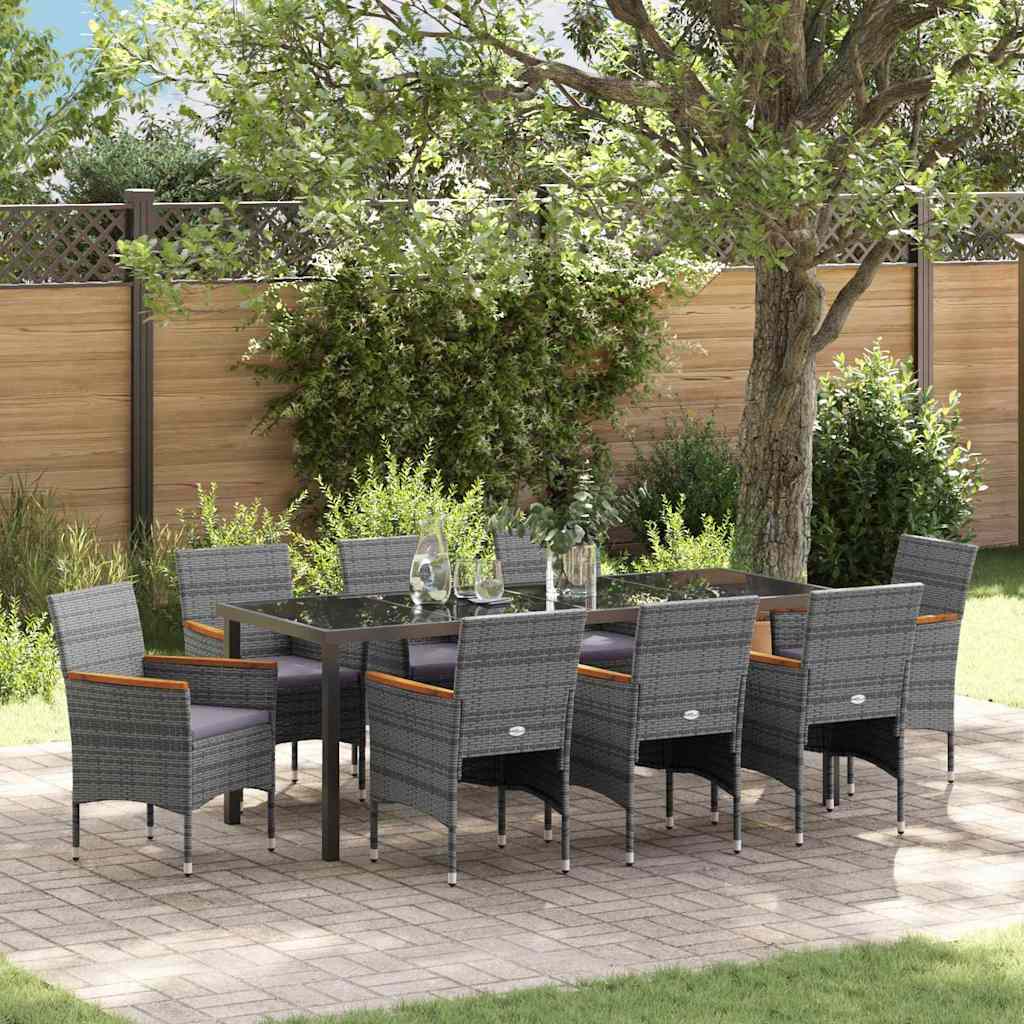 Tuin eettafelset met kussen 9 pcs Grijs poly rattan – afbeelding 1