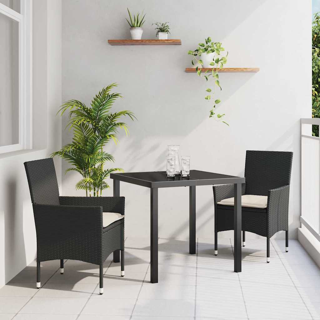 Tuin eettafelset met kussen 3 pcs Zwart poly rattan – afbeelding 1