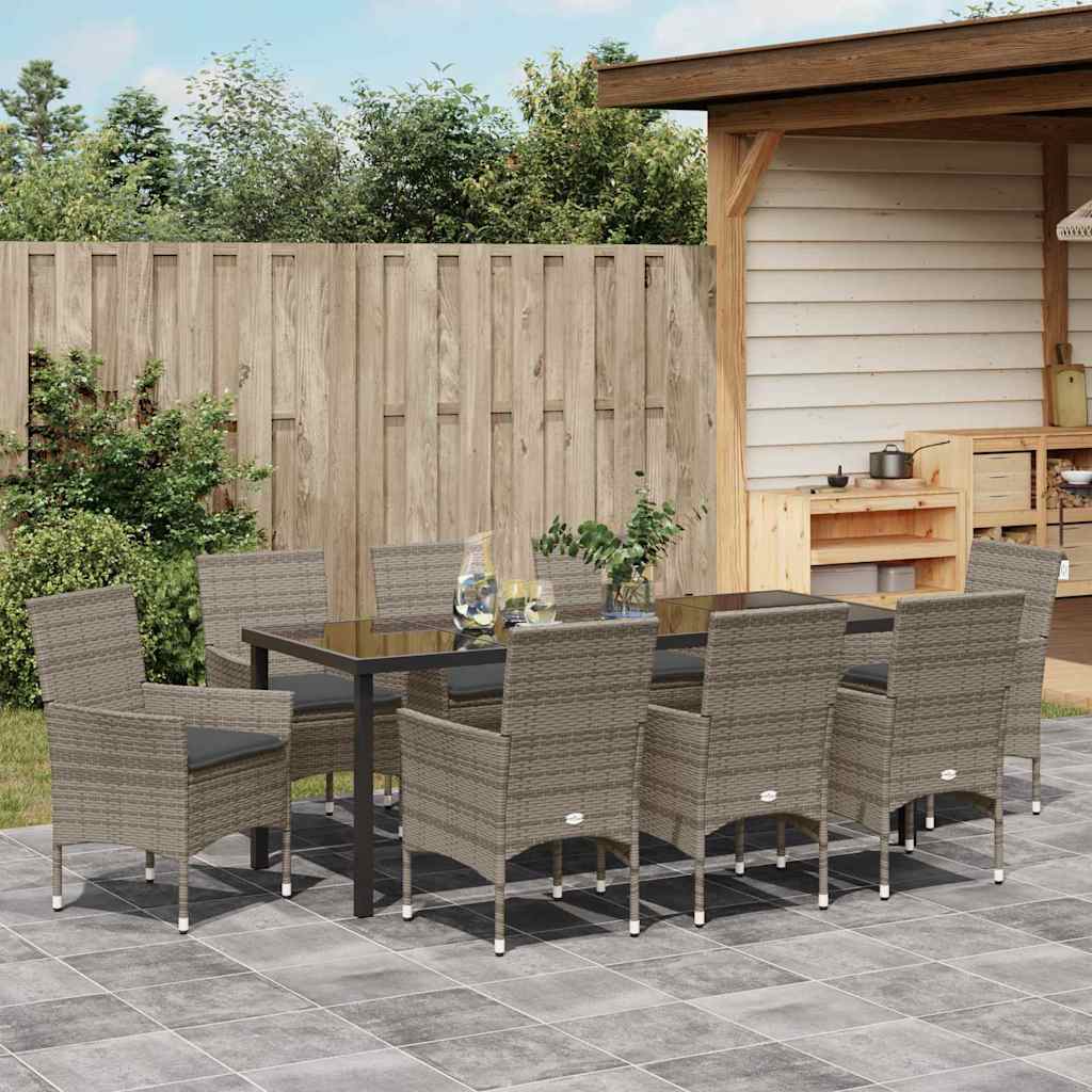 Tuin eettafelset met kussen 9 pcs Grijs poly rattan – afbeelding 4