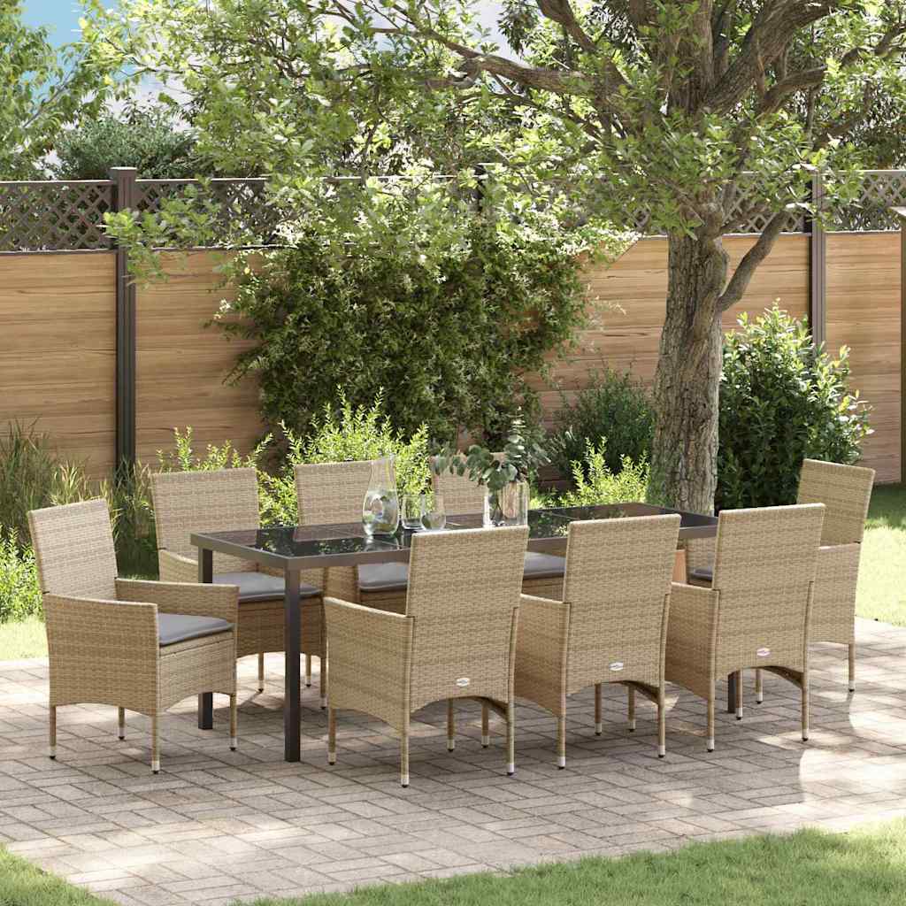 Tuin eettafelset met kussen 9 pcs Beige poly rattan – afbeelding 1