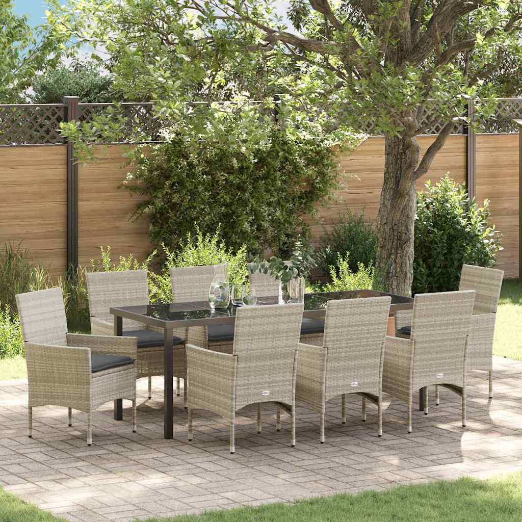 Tuin eettafelset met kussen 9 pcs Lichtgrijs poly rattan – afbeelding 1