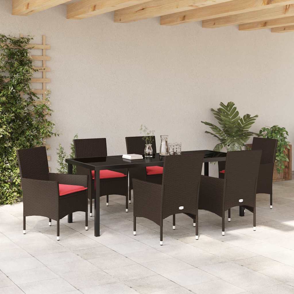 Tafel en stoelen set met kussen 7 pcs Bruin PE Rattan – afbeelding 4
