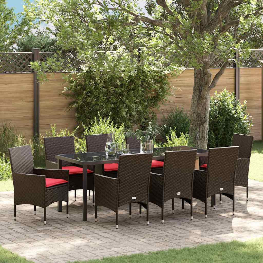 Tafel en stoelen set met kussen 9 pcs Bruin PE Rattan – afbeelding 1
