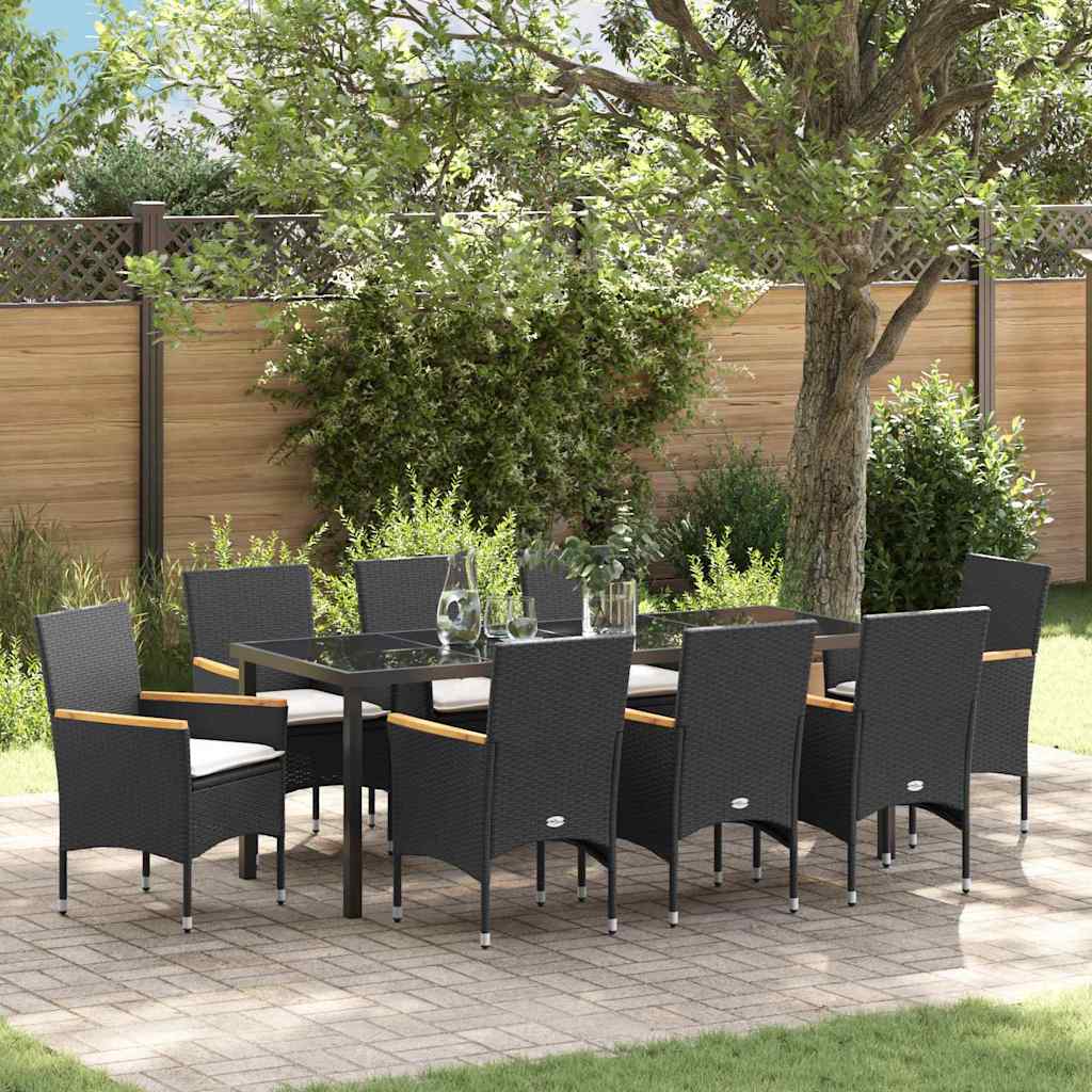 Tuin eettafelset met kussen 9 pcs Zwart poly rattan – afbeelding 1