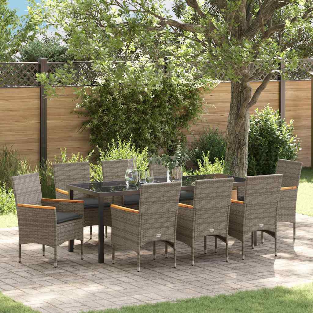 Tuin eettafelset met kussen 9 pcs Grijs poly rattan – afbeelding 1